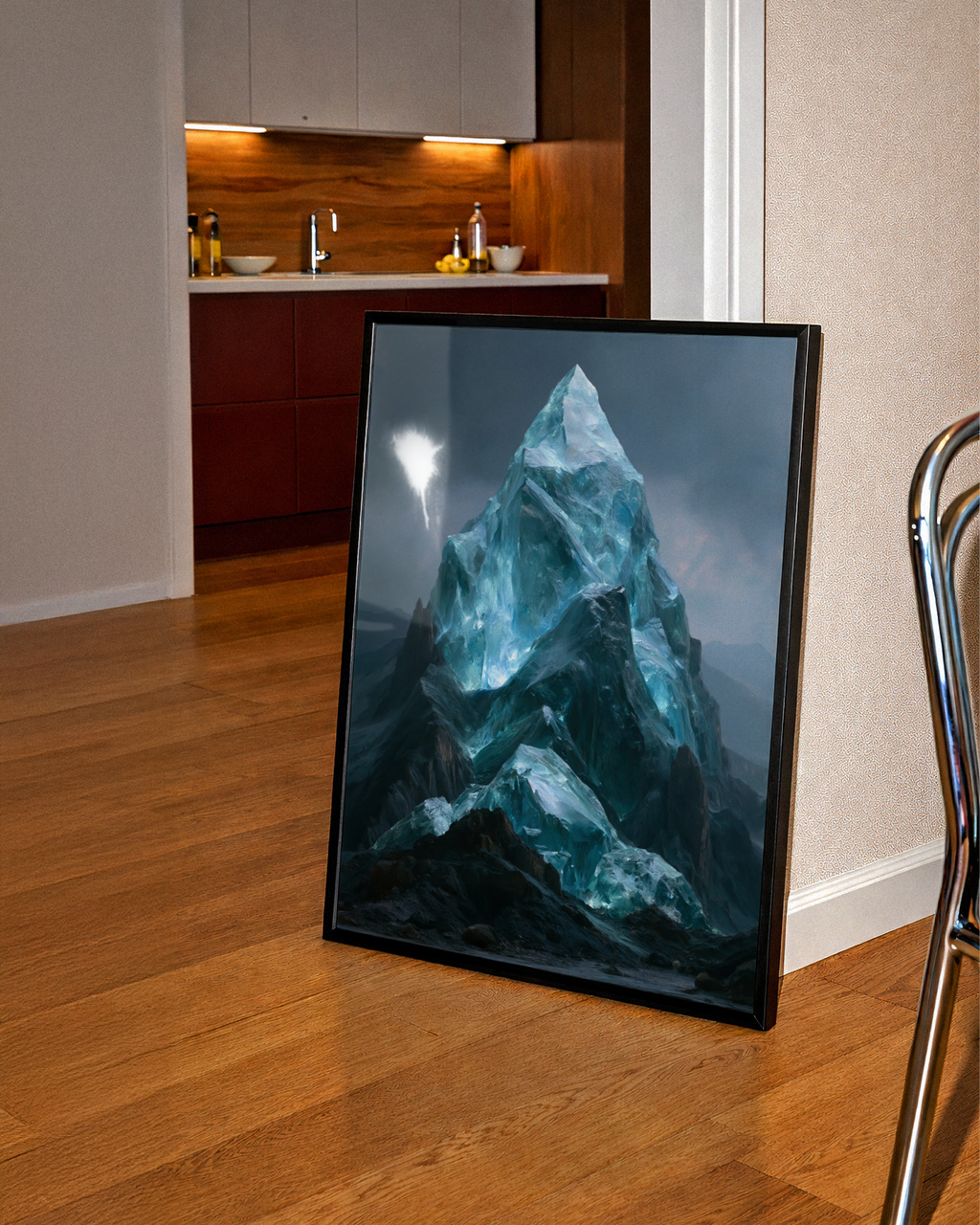 Crystal Mountain Poster, Glass Peak Fantasy Art, Teal Blue Wall Art Print