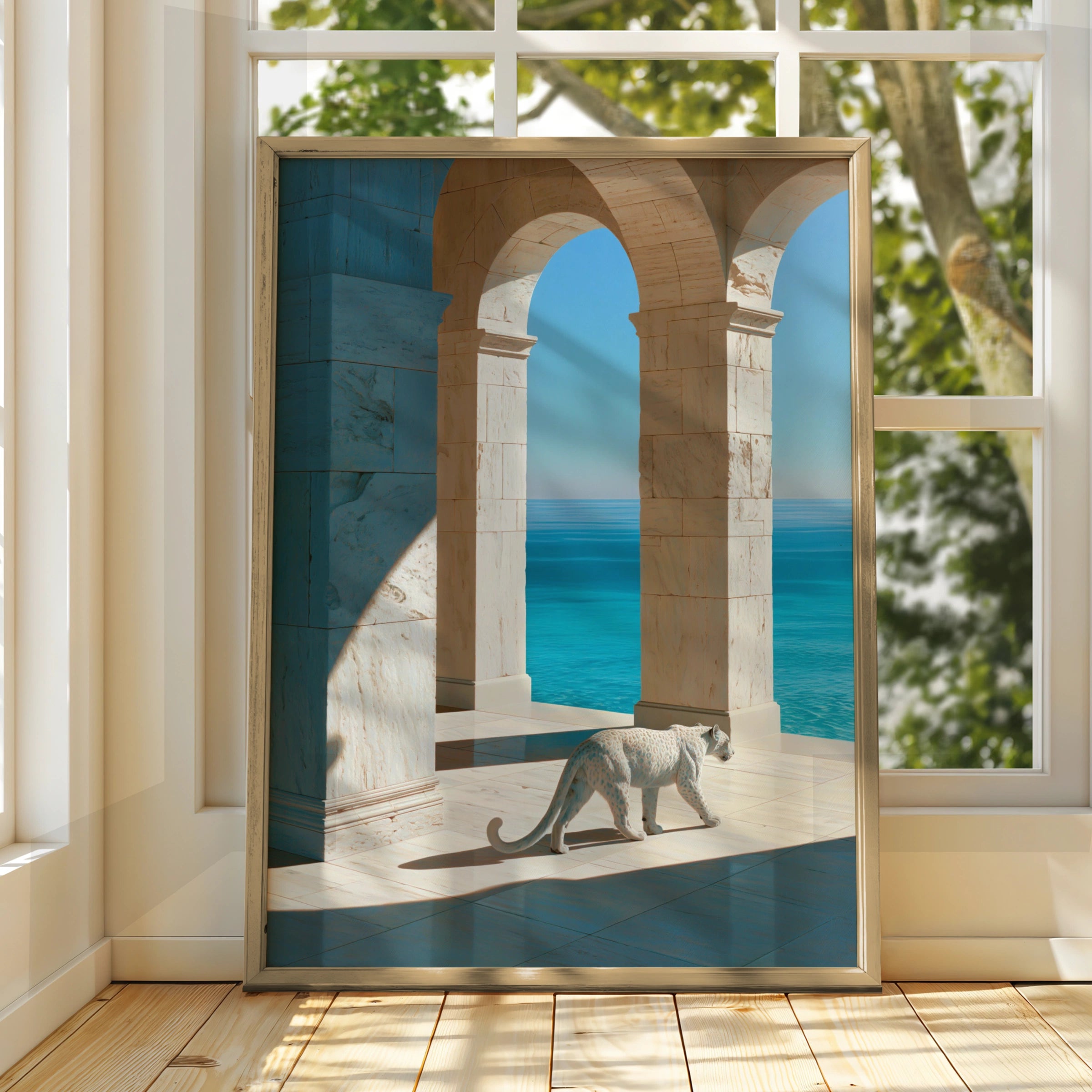 White Leopard Marble Arches Sea View Poster, Surreal Animal Art Print