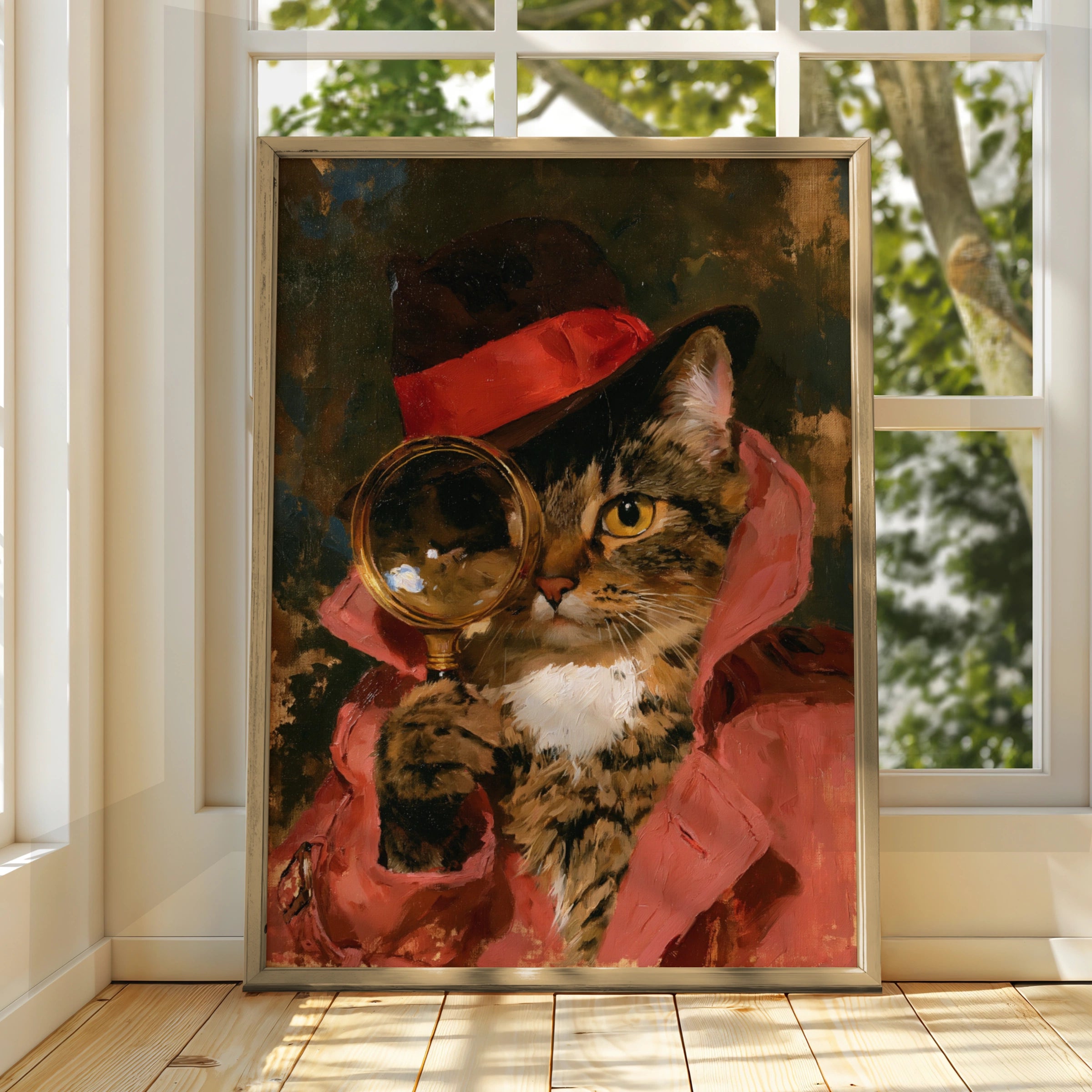 Detective Cat Poster, Magnifying Glass Tabby, Oil Painting Style Art Print