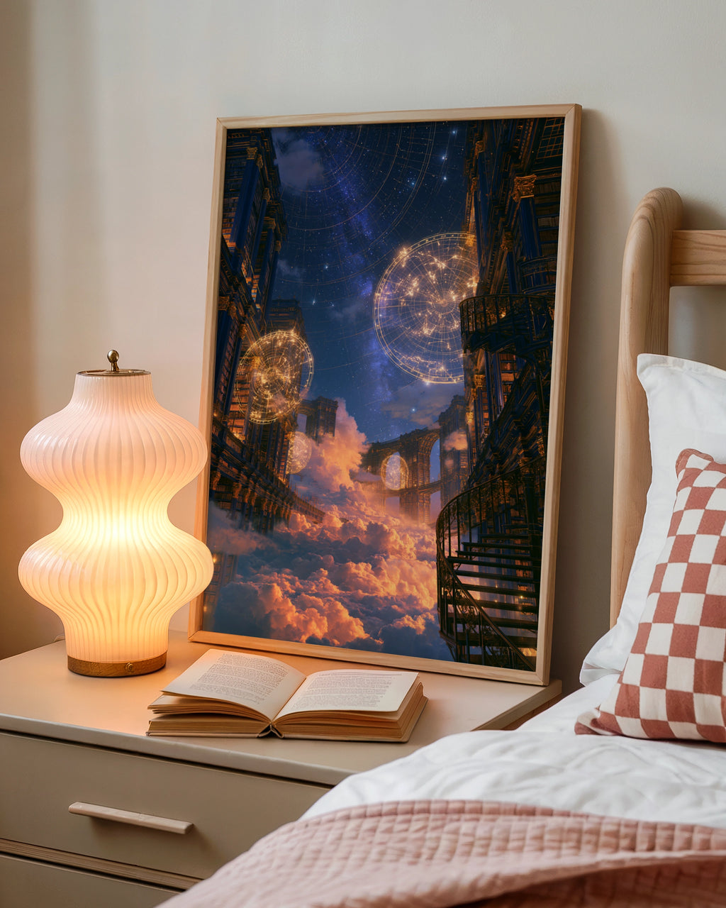 Celestial Library Sky City Poster, Fantasy Architecture Art Print, Starry Night
