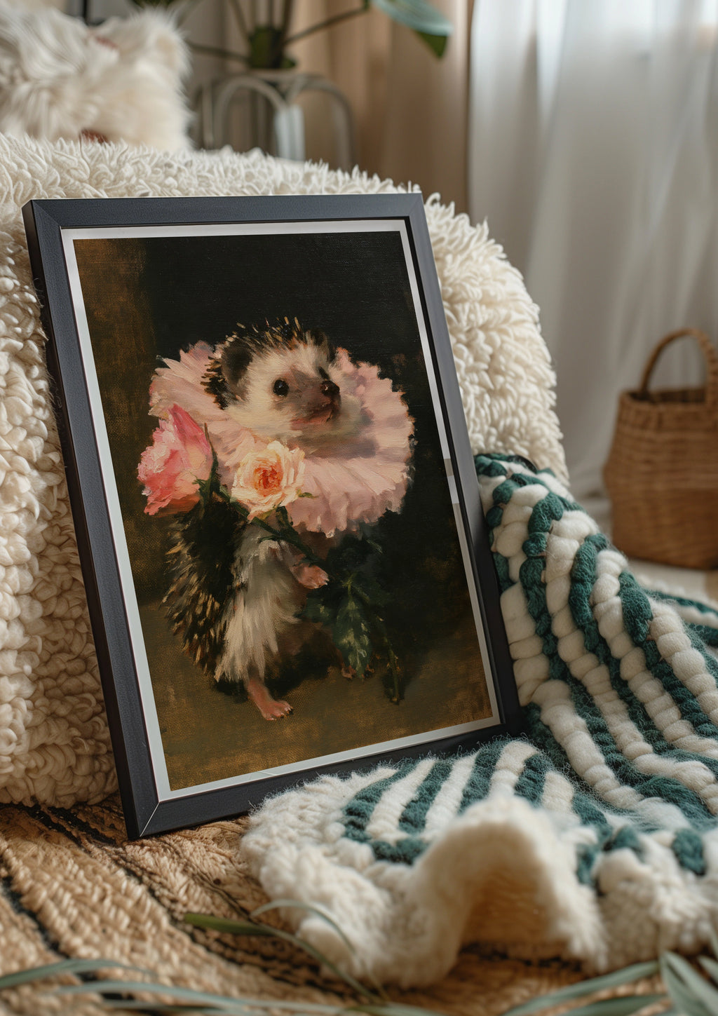Hedgehog with Roses Poster, Floral Animal Wall Art, Old Masters Style Print