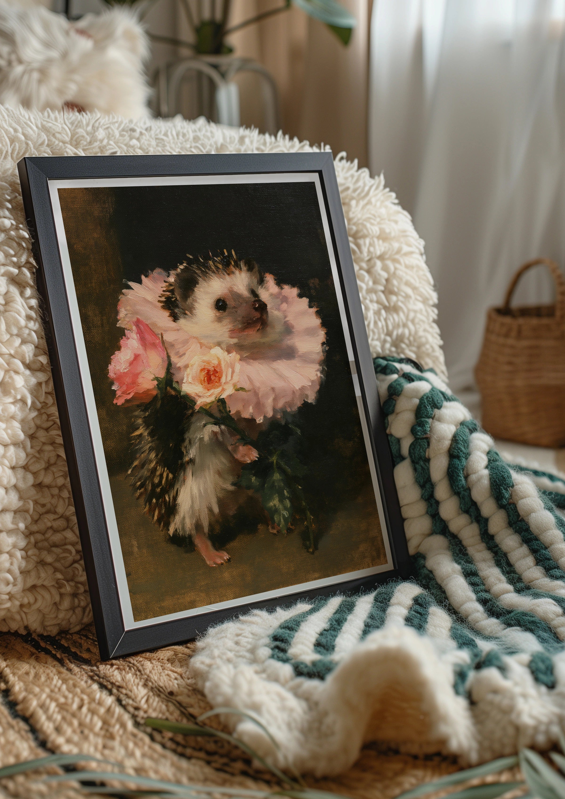 Hedgehog with Roses Poster, Floral Animal Wall Art, Old Masters Style Print