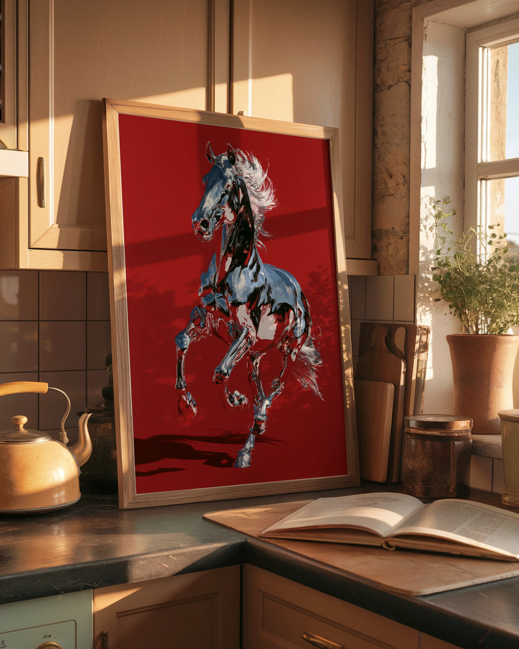 Chrome Horse Poster, Red Wall Art, Metallic Equine Print, Bold Modern Style