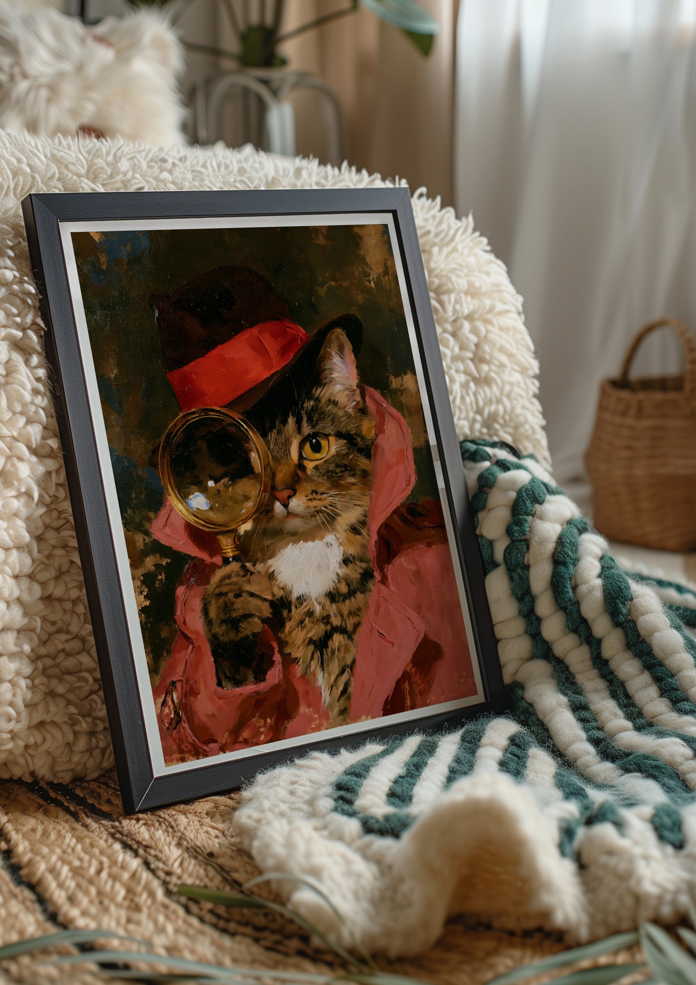 Detective Cat Poster, Magnifying Glass Tabby, Oil Painting Style Art Print