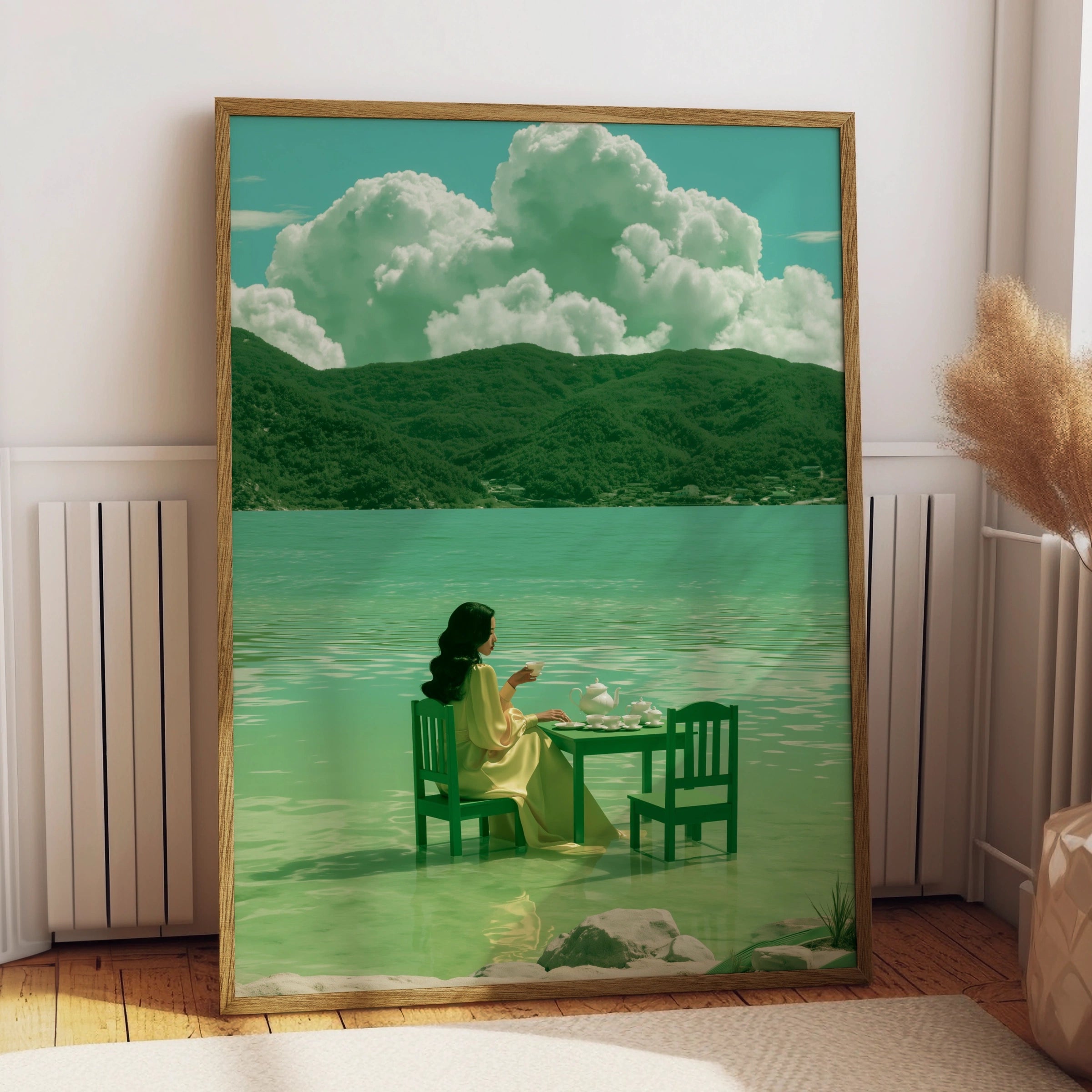 Woman Tea Table Sea Poster, Surreal Green Coastal Wall Art, Dreamy Figurative Print