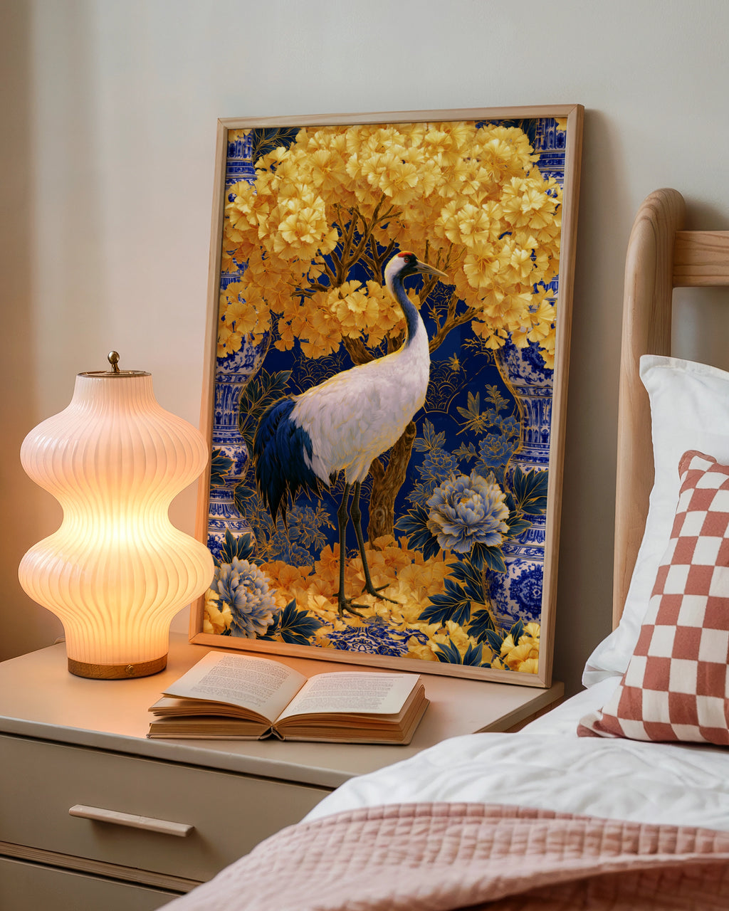 Chinoiserie Crane Gold Poster, Blue Navy Floral Wall Art, Oriental Bird Print