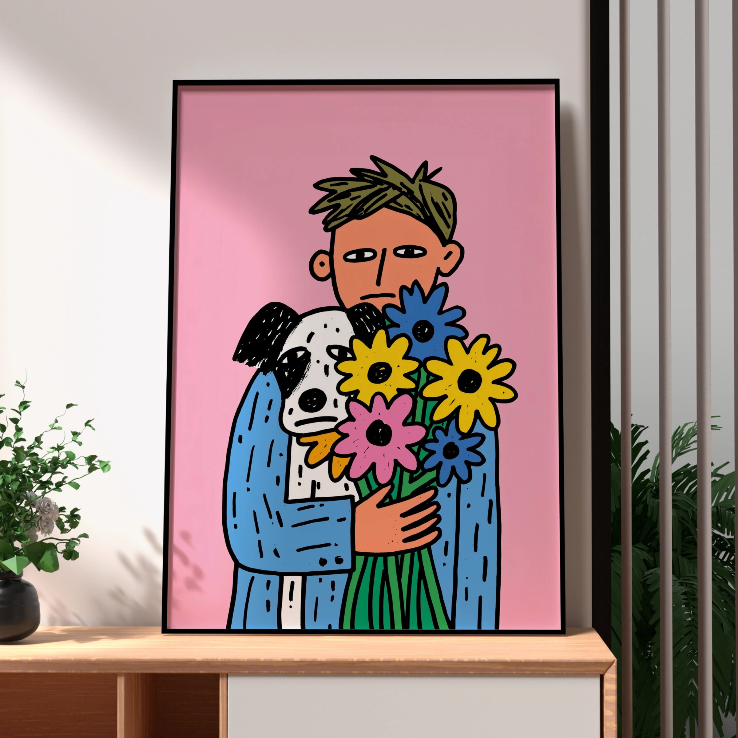 Man Dog Flowers Poster, Bold Illustration, Colourful Pink Wall Art Print