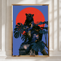 Black Panther Red Sun Monstera Poster, Celestial Big Cat Art Print