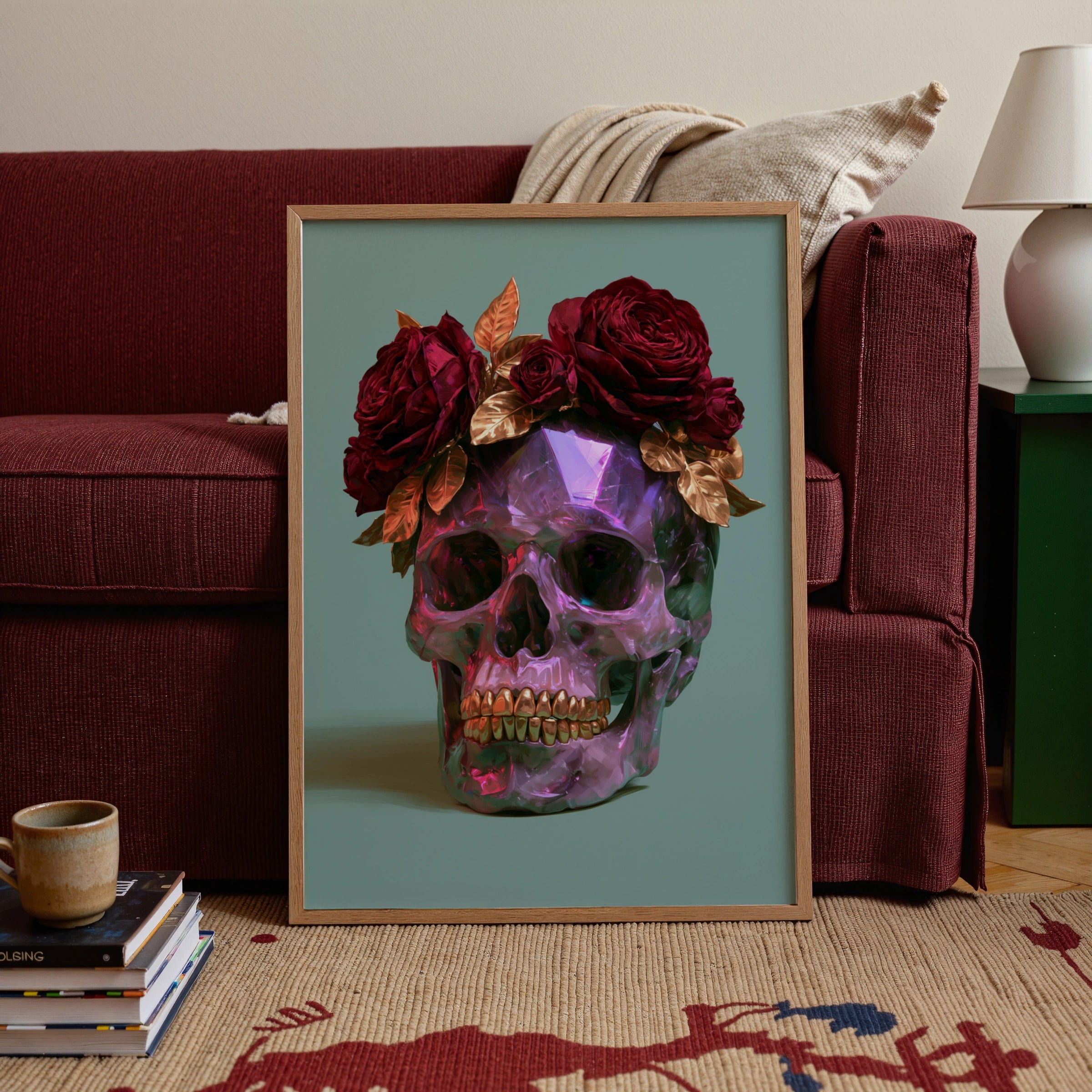 Amethyst Crystal Skull Red Roses Poster, Dark Floral Wall Art, Gothic Print