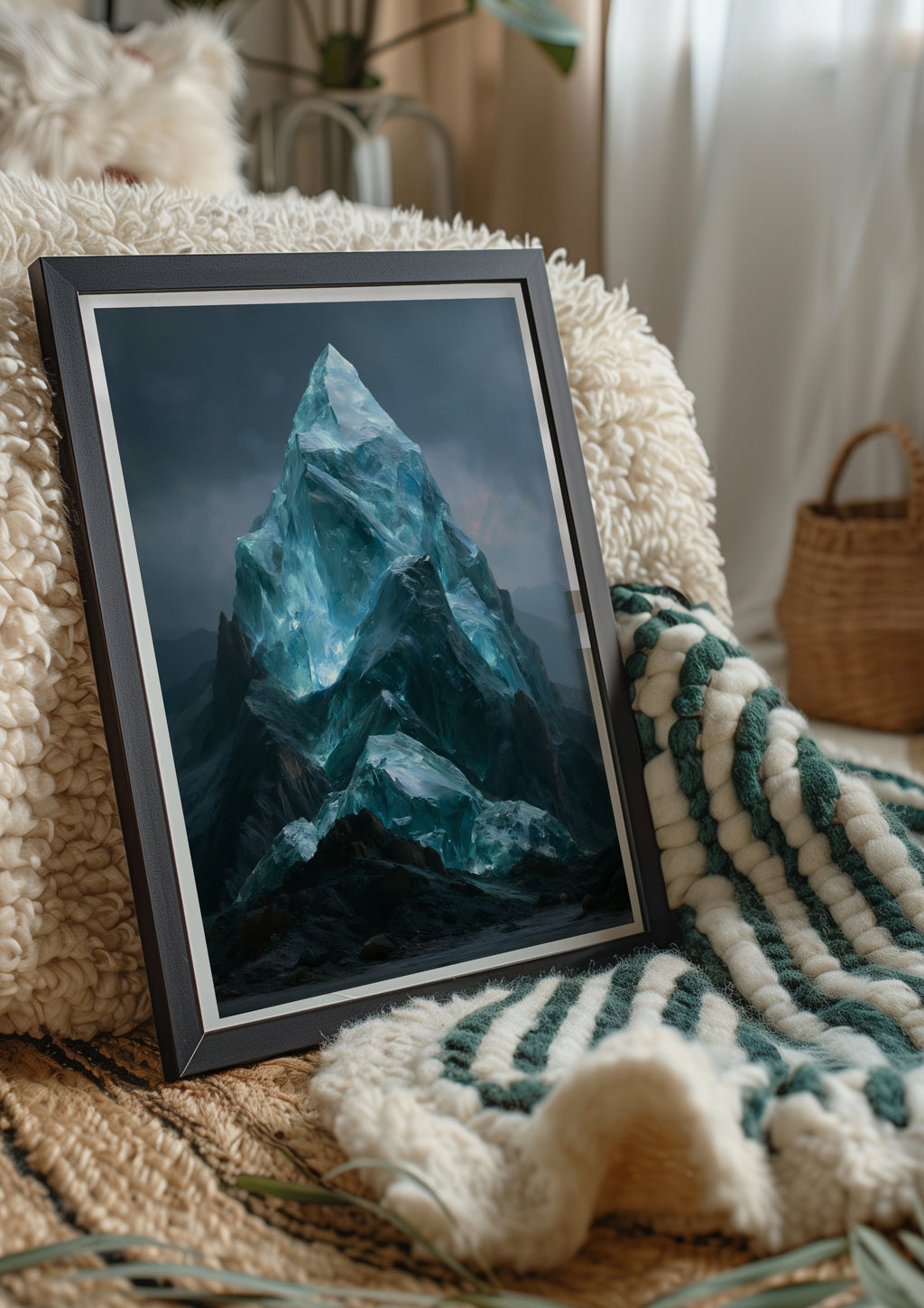 Crystal Mountain Poster, Glass Peak Fantasy Art, Teal Blue Wall Art Print