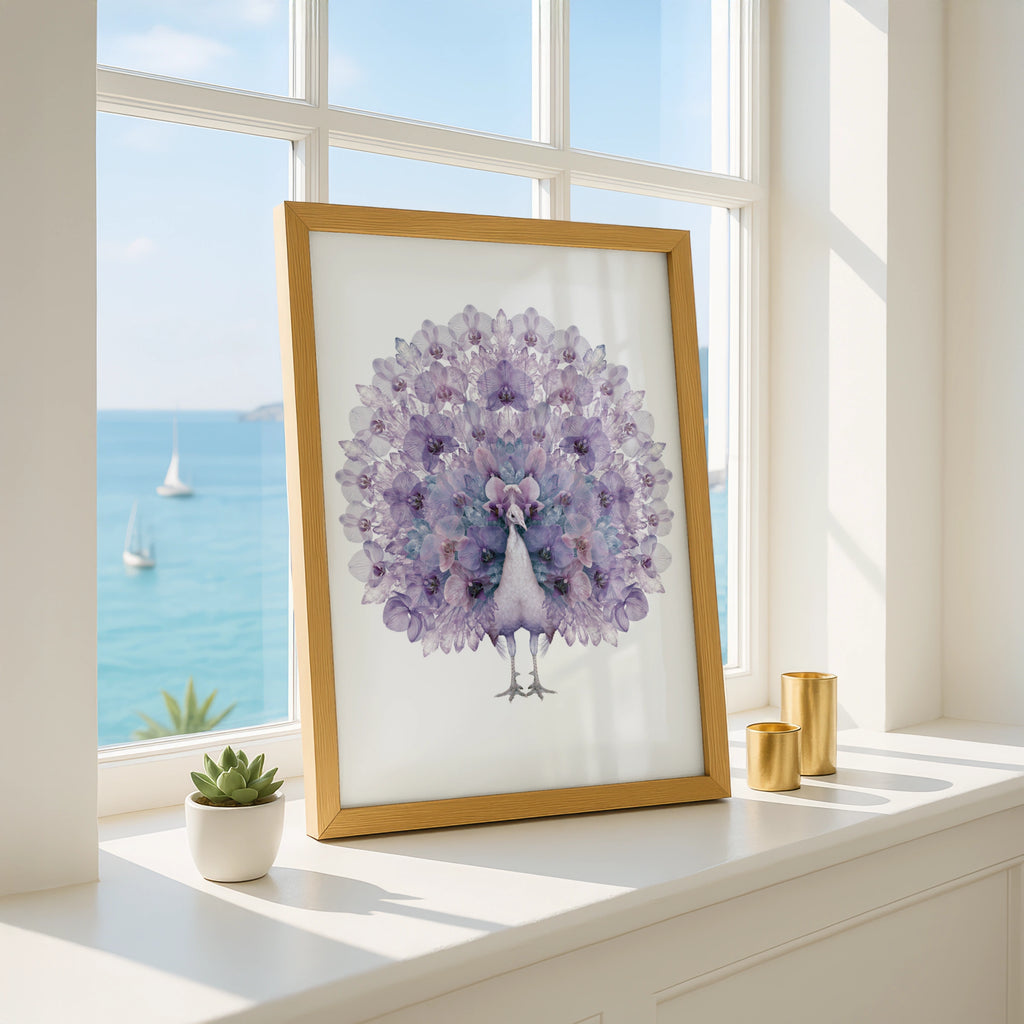 Purple Peacock Floral Poster, Orchid Crystal Fan Art Print, Botanical Bird Wall Art