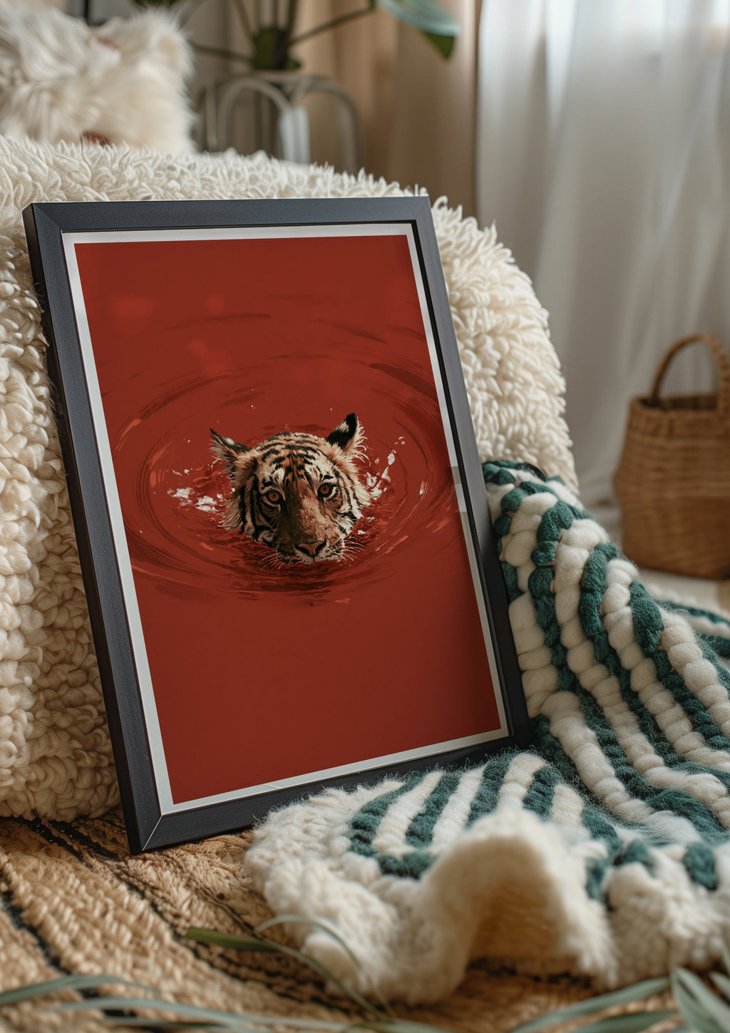 Tiger Swimming in Red Water Poster, Bold Wildlife Wall Art, Dramatic Animal Print
