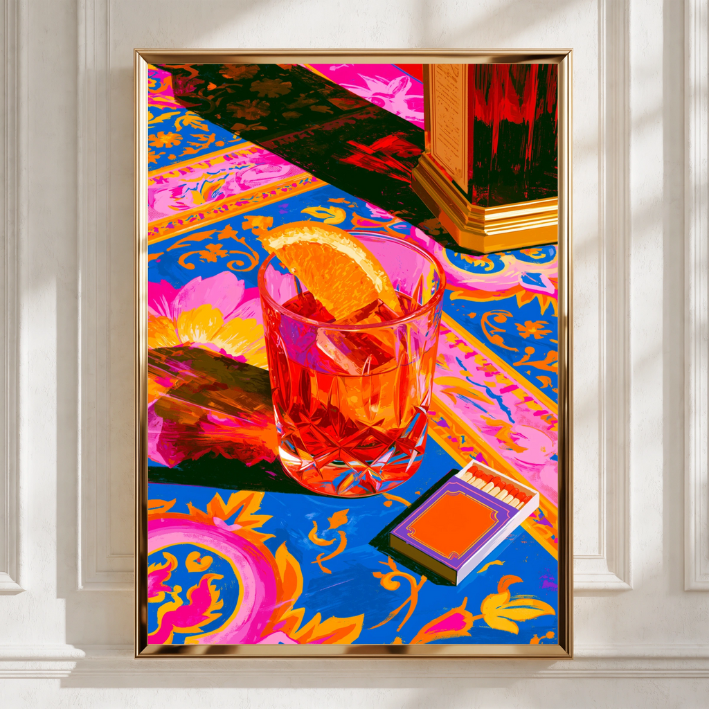 Negroni Cocktail Poster, Vibrant Bar Art Print, Bold Pink Blue Wall Art