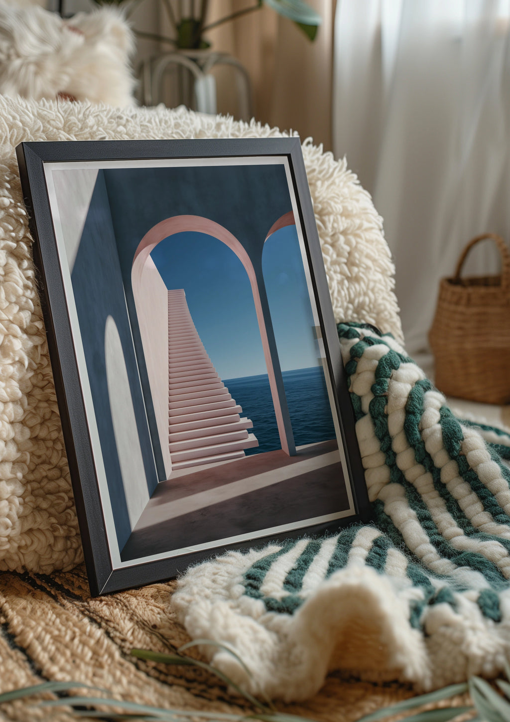 Arches Staircase Ocean View Poster, Minimalist Architecture Print, Pink Blue Wall Art