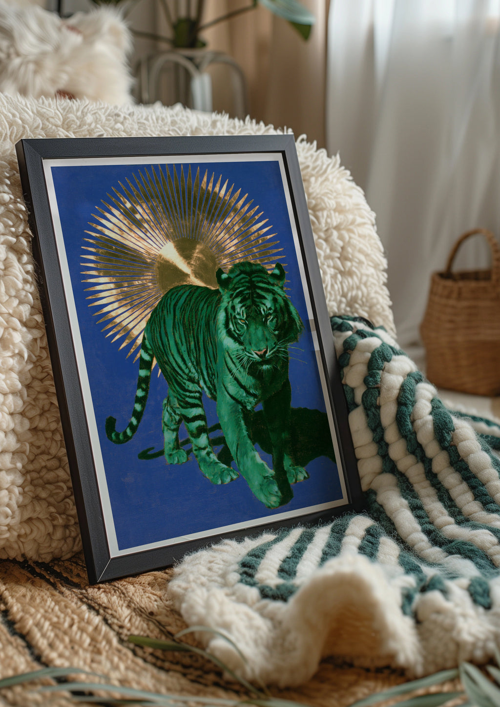Green Tiger Gold Sun Poster, Bold Animal Wall Art, Blue Maximalist Print