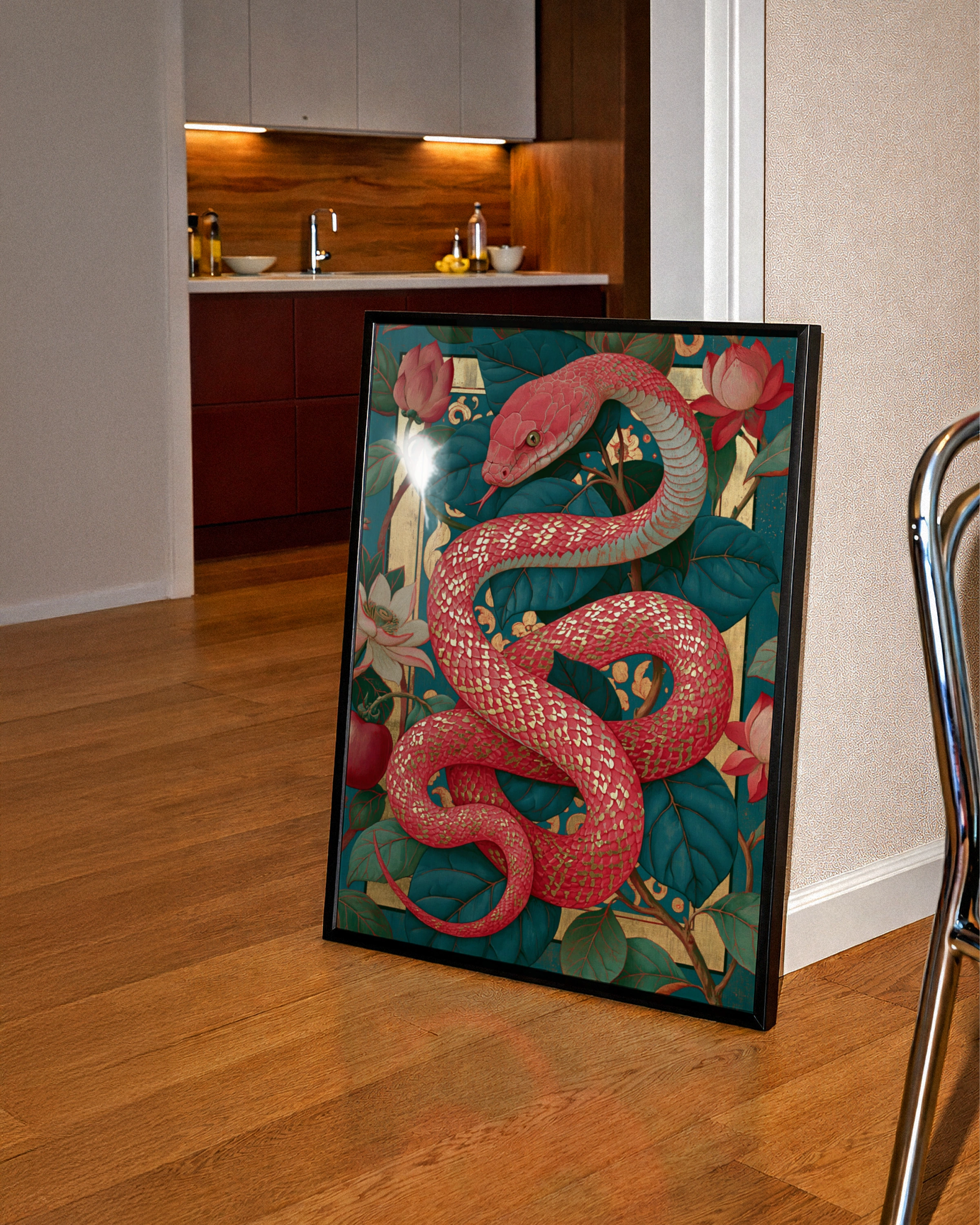 Red Snake Botanical Wall Art Poster, Gold Floral Teal Art Nouveau Print