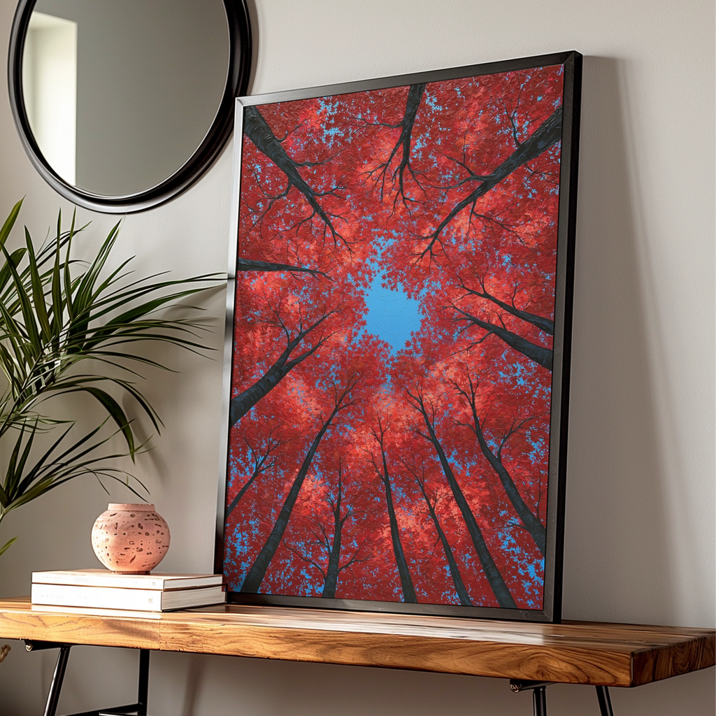 Red Autumn Trees Looking Up, Forest Canopy Wall Art Poster, Bold Nature Print