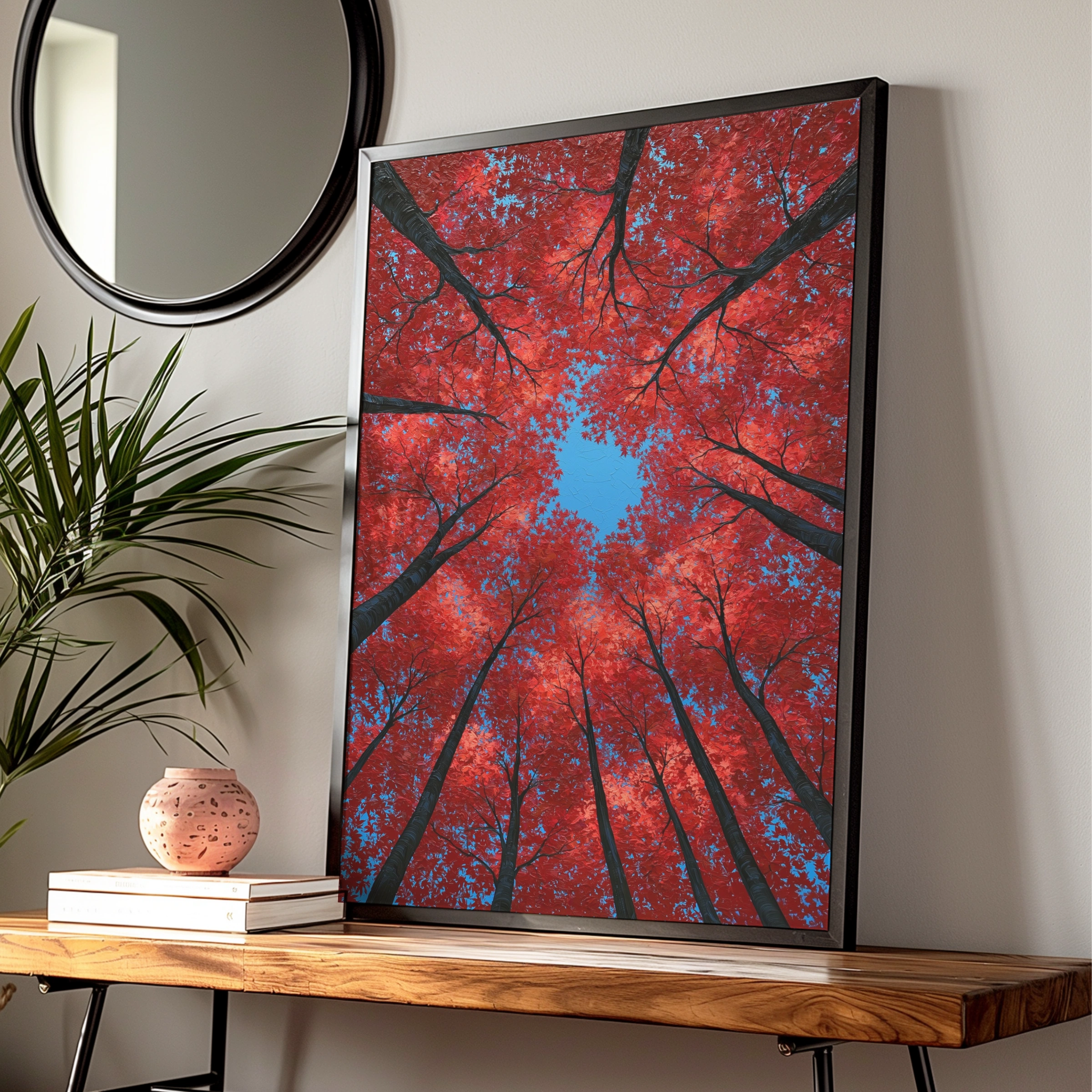 Red Autumn Trees Looking Up, Forest Canopy Wall Art Poster, Bold Nature Print