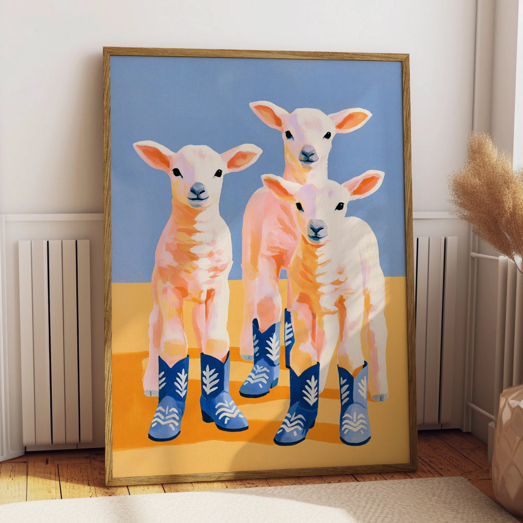 Lambs in Cowboy Boots Poster, Funny Sheep Wall Art, Quirky Animal Print