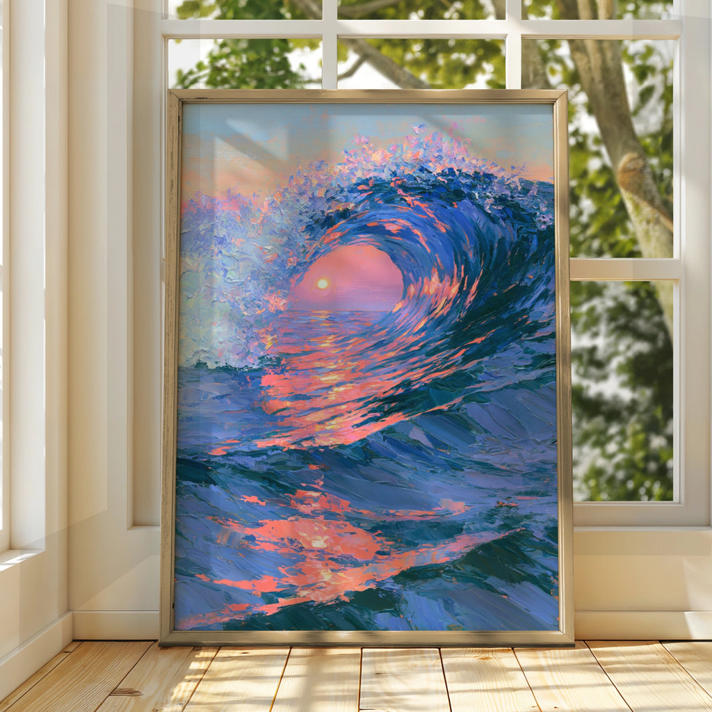 Ocean Wave Sunset Poster, Impressionist Sea Art Print, Blue Pink Wall Art
