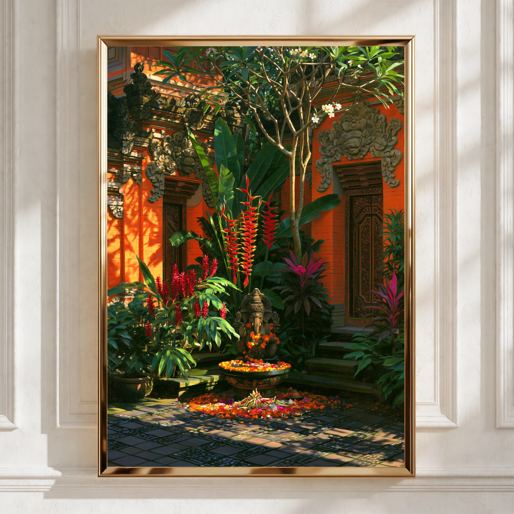 Balinese Courtyard Ganesha Poster, Tropical Temple Garden, Bali Wall Art