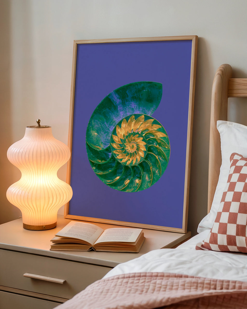 Nautilus Shell Poster, Green Gold Spiral, Bold Colour Nature Wall Art Print