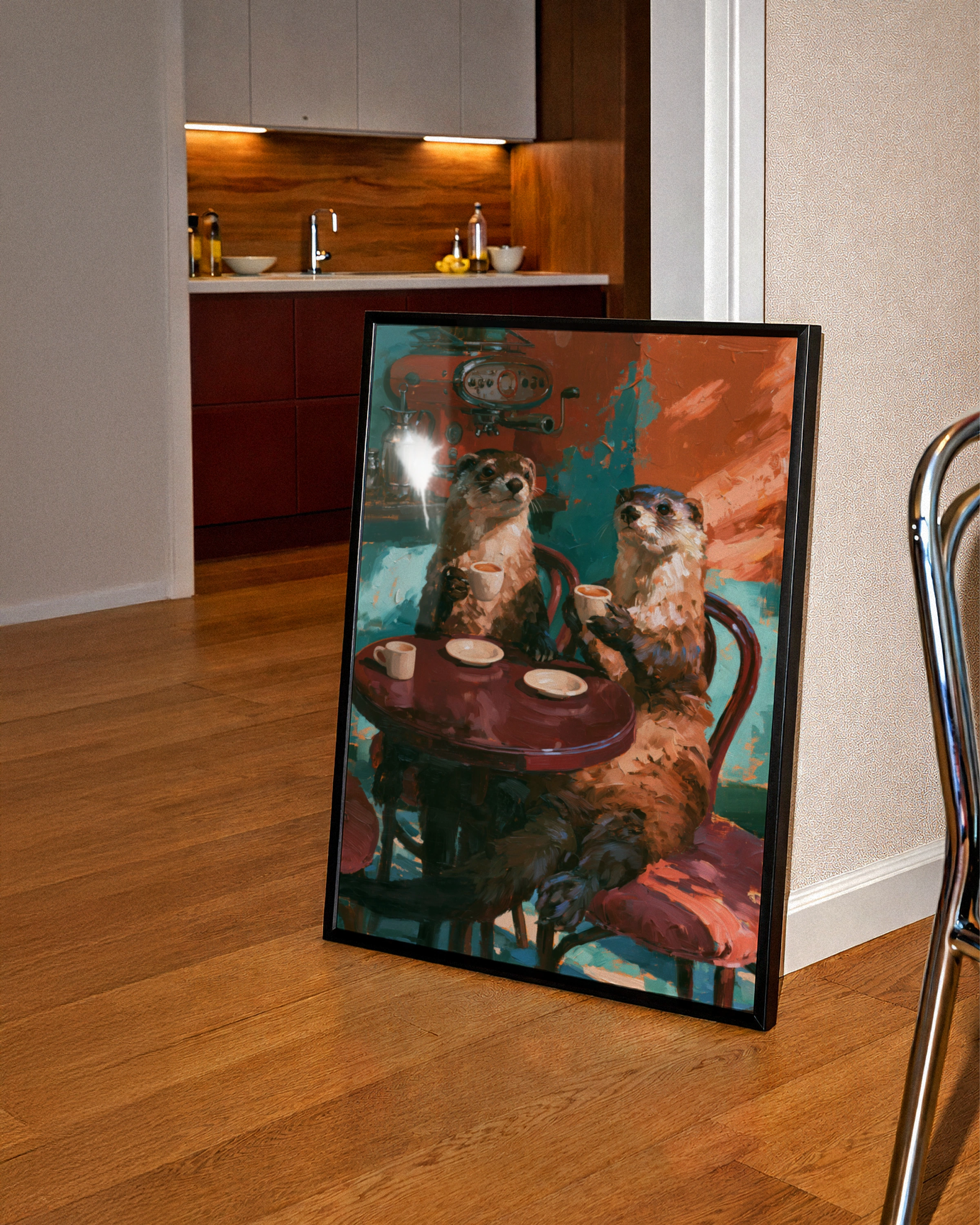 Otters Drinking Coffee Poster, Cafe Scene Wall Art, Oil Painting Style Print