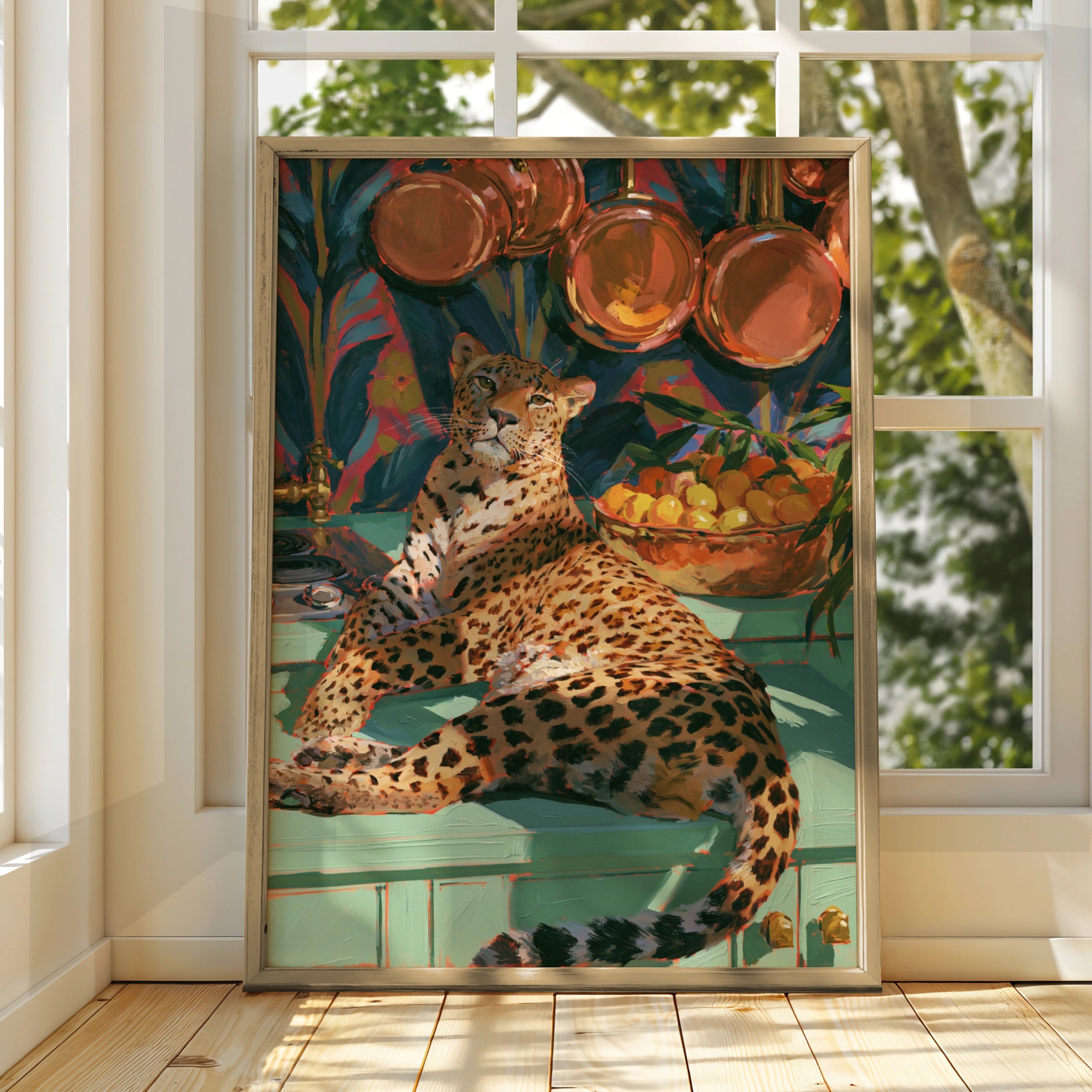 Jaguar in Kitchen Poster, Leopard Wall Art, Copper Pans, Maximalist Print