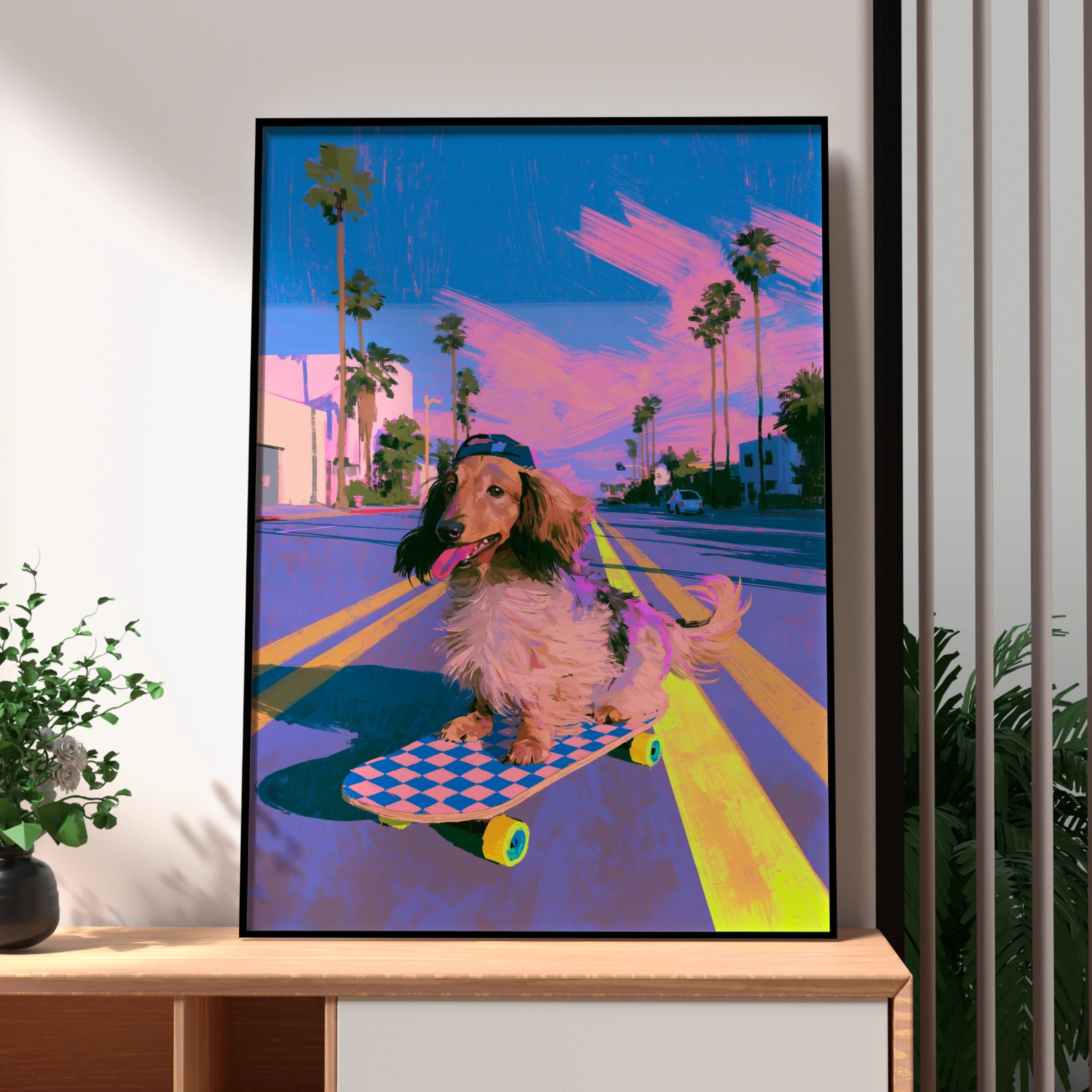 Dachshund Skateboard Poster, Sausage Dog Wall Art, Retro Vaporwave Print