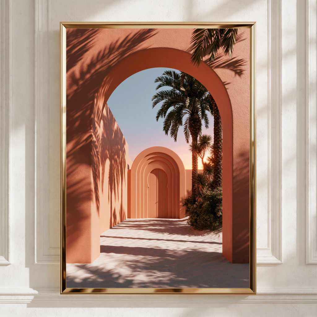Terracotta Arch Wall Art Poster, Moroccan Architecture, Palm Tree Print