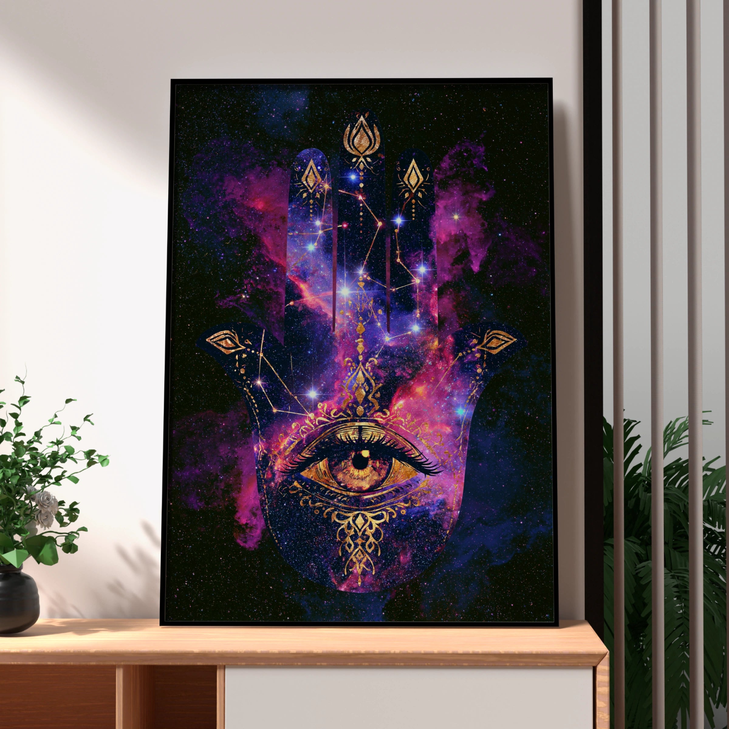 Hamsa Hand Cosmic Galaxy Poster, All-Seeing Eye, Spiritual Wall Art
