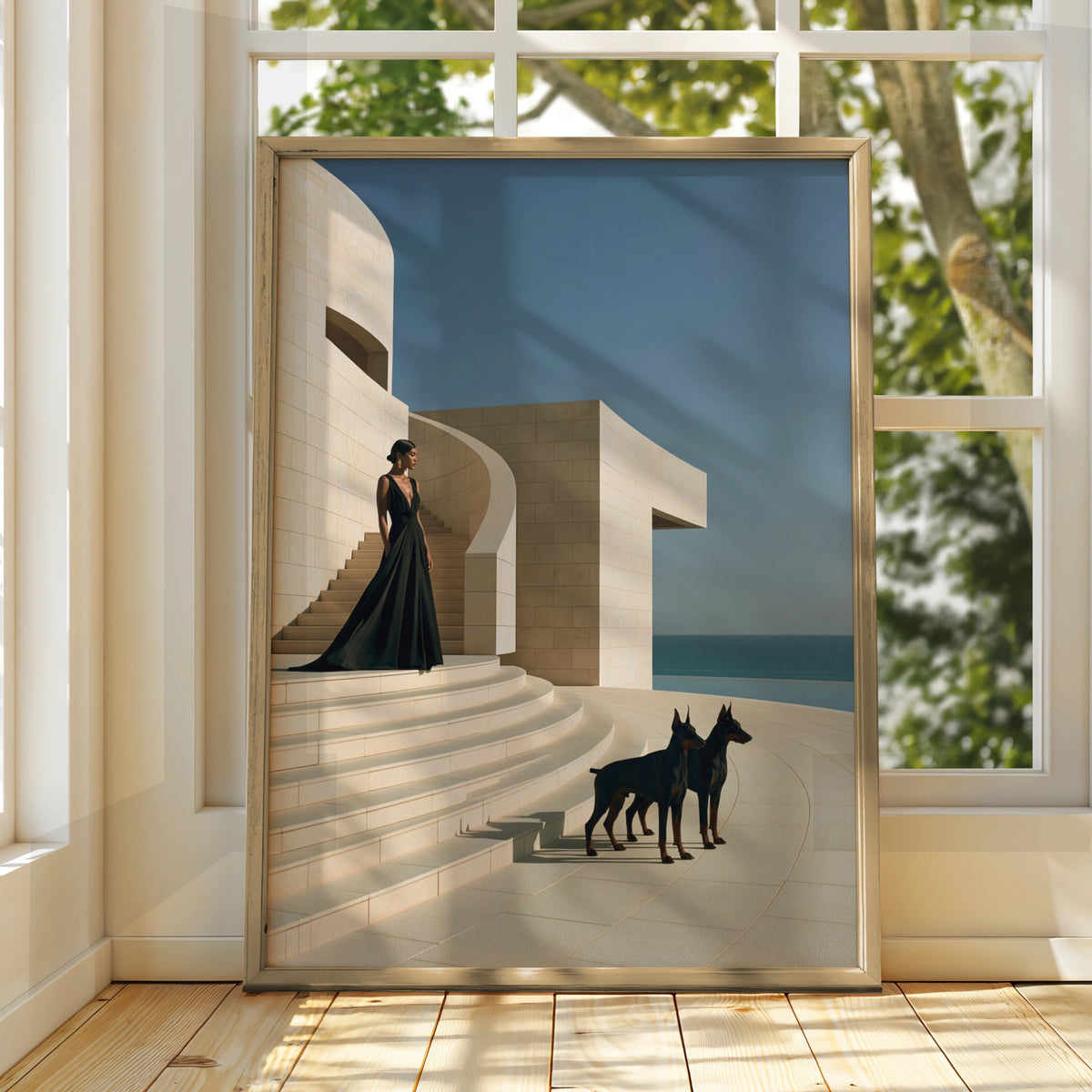 Woman with Dobermanns on Travertine Stairs, Wall Art Poster, Luxury Minimalist