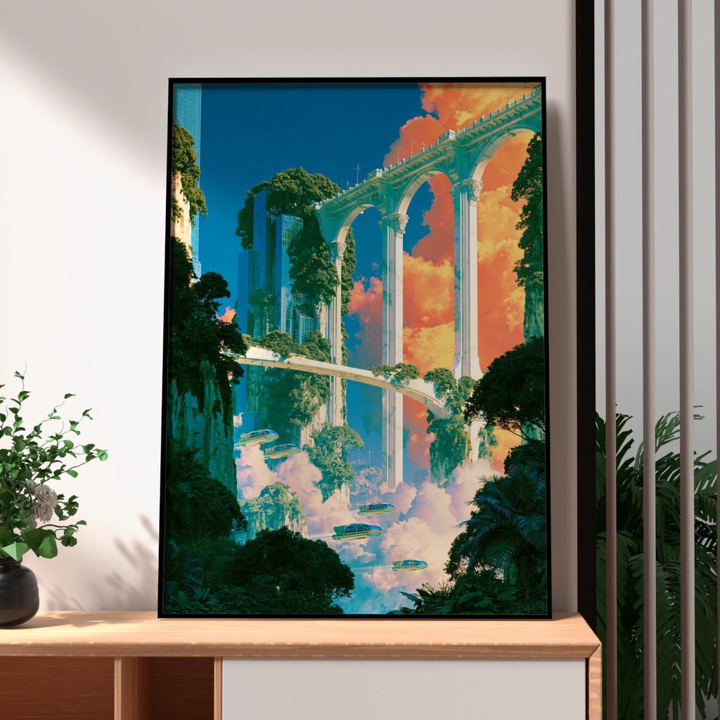 Sky City Aqueduct Poster, Futuristic Fantasy Architecture, Sci-Fi Art Print