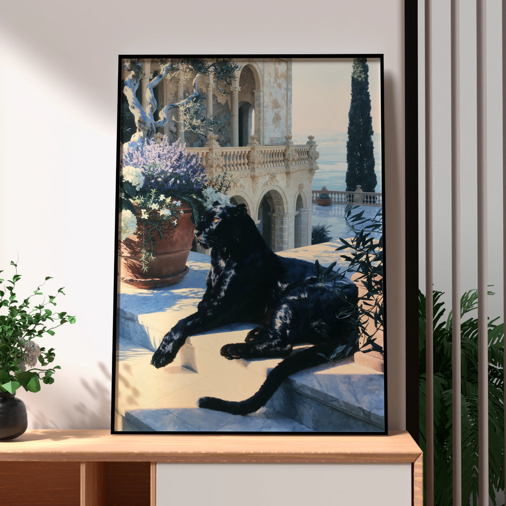 Black Panther Villa Stairs Poster, Mediterranean Architecture Art Print