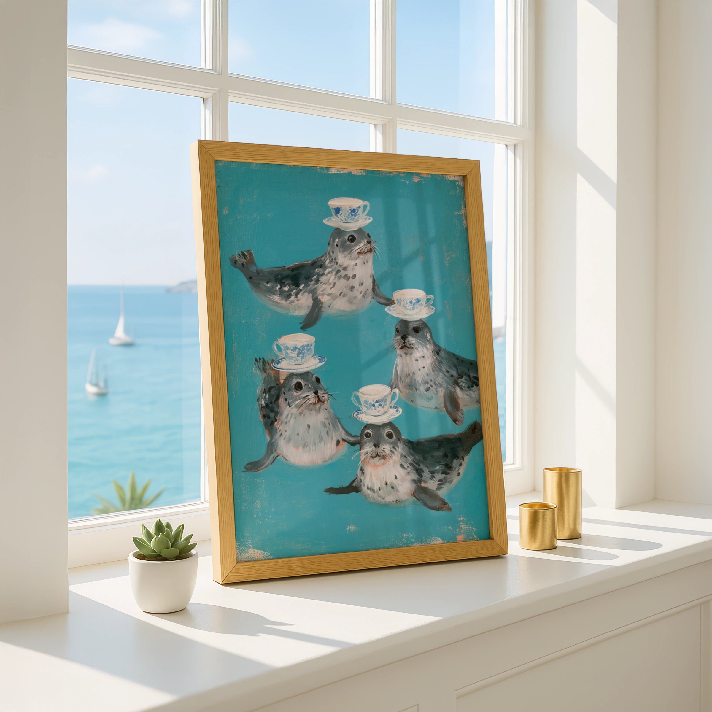 Seals Balancing Teacups Poster, Whimsical Animal Wall Art, Teal Illustrated Print