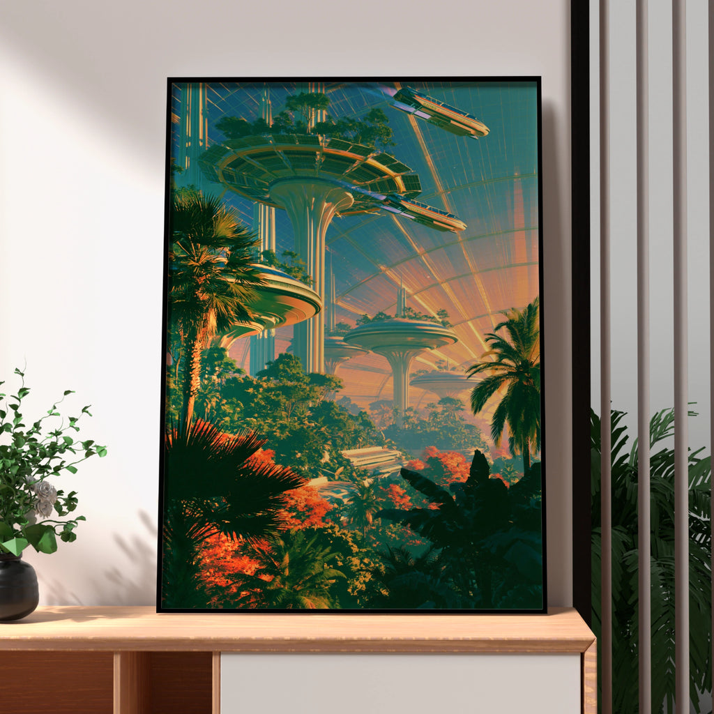 Futuristic City Green Dome Poster, Sci-Fi Jungle Architecture Print, Retro Futurism