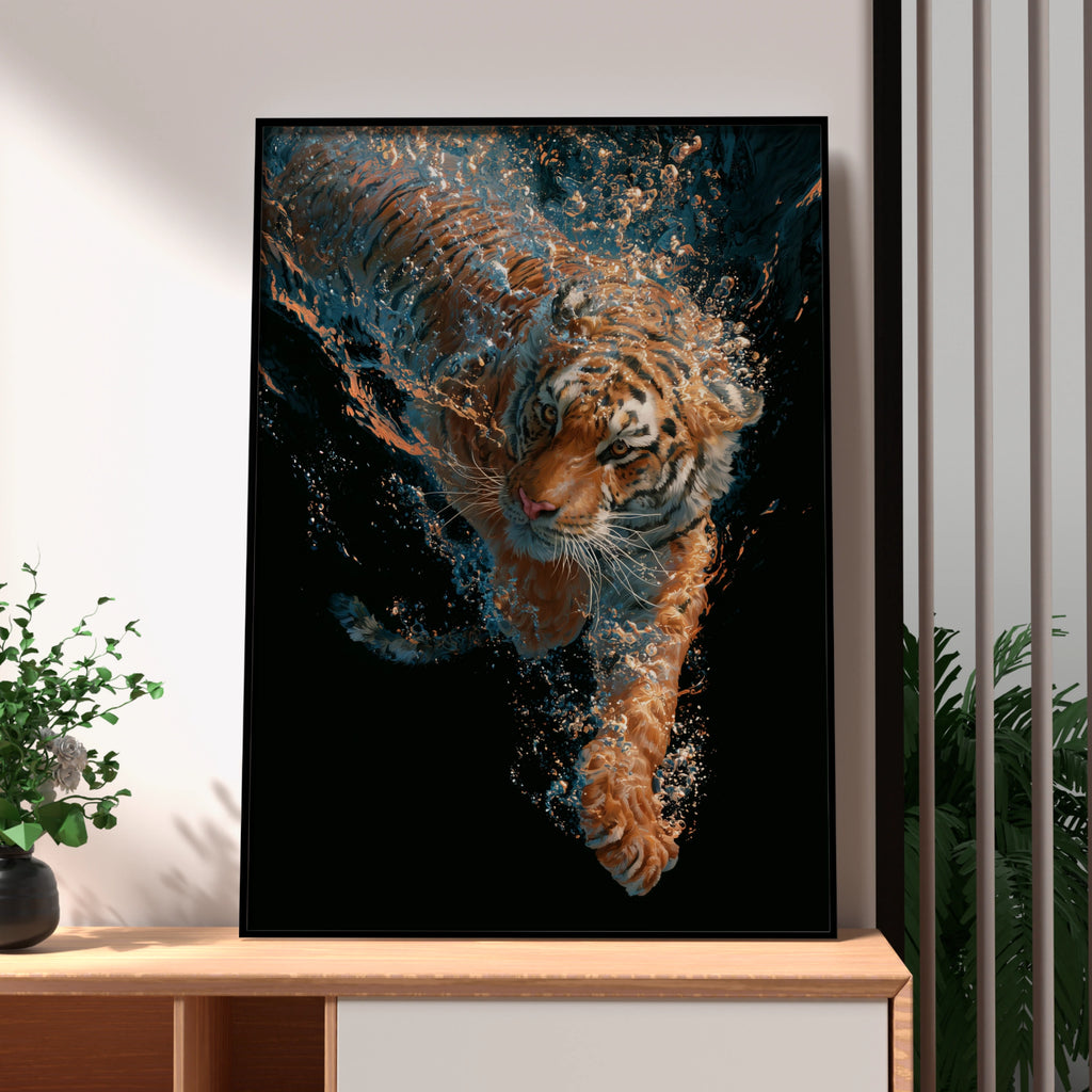 Diving Tiger Underwater Wall Art Poster, Bold Wildlife Print, Dark Dramatic Style