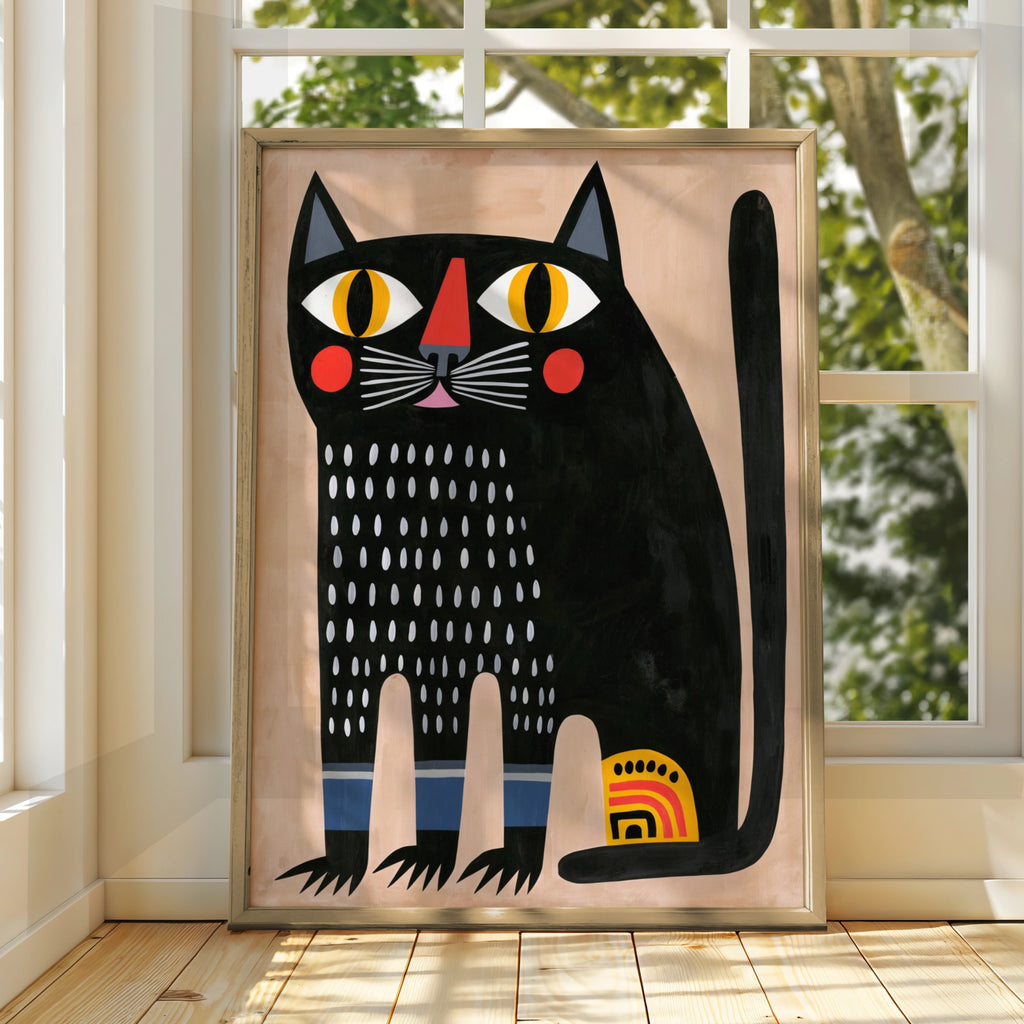 Abstract Black Cat Poster, Bold Folk Art Print, Colourful Modern Wall Art