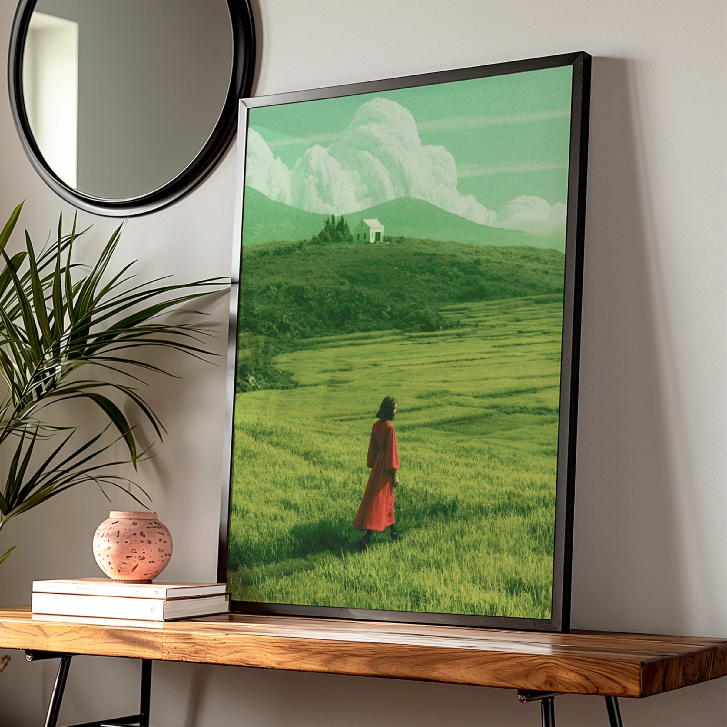 Woman in Red Coat Green Field Wall Art Poster, Surreal Landscape Print