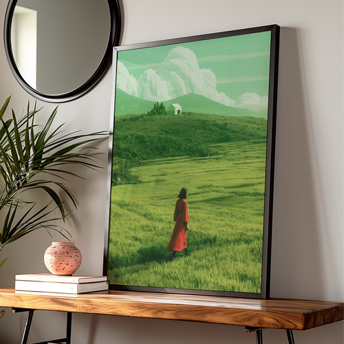 Woman in Red Coat Green Field Wall Art Poster, Surreal Landscape Print