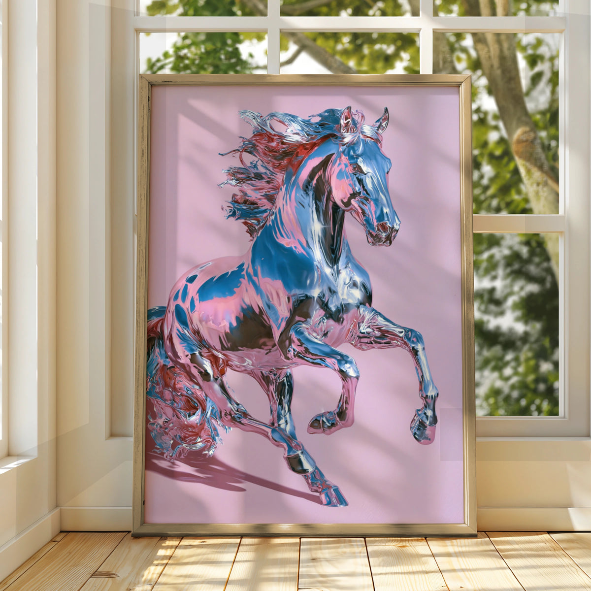 Chrome Horse Poster, Rearing Stallion Print, Pink Metallic Wall Art