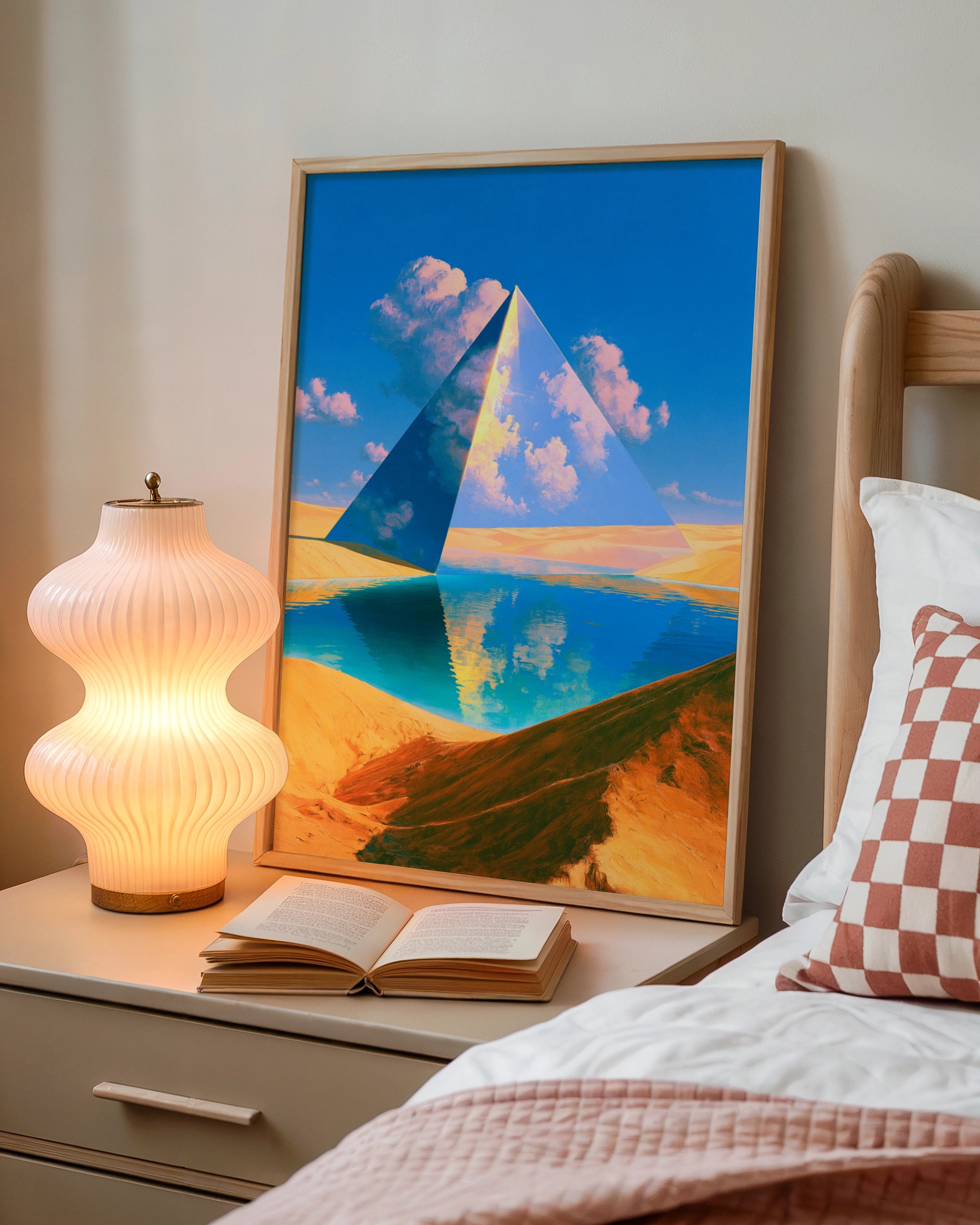 Glass Pyramid Desert Oasis Poster, Surreal Landscape, Vibrant Blue Wall Art