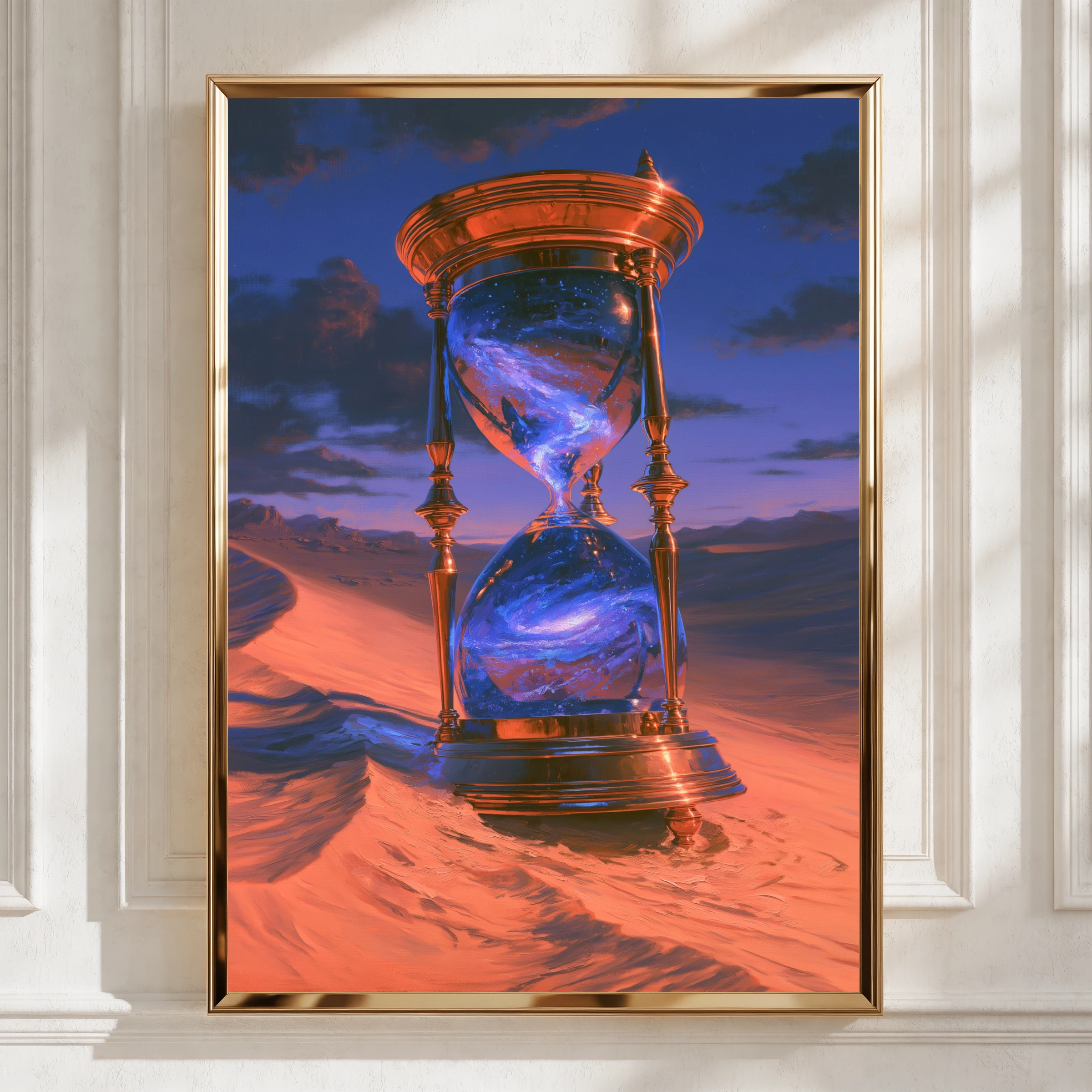Hourglass Desert Galaxy Poster, Surreal Time Art, Cosmic Fantasy Print