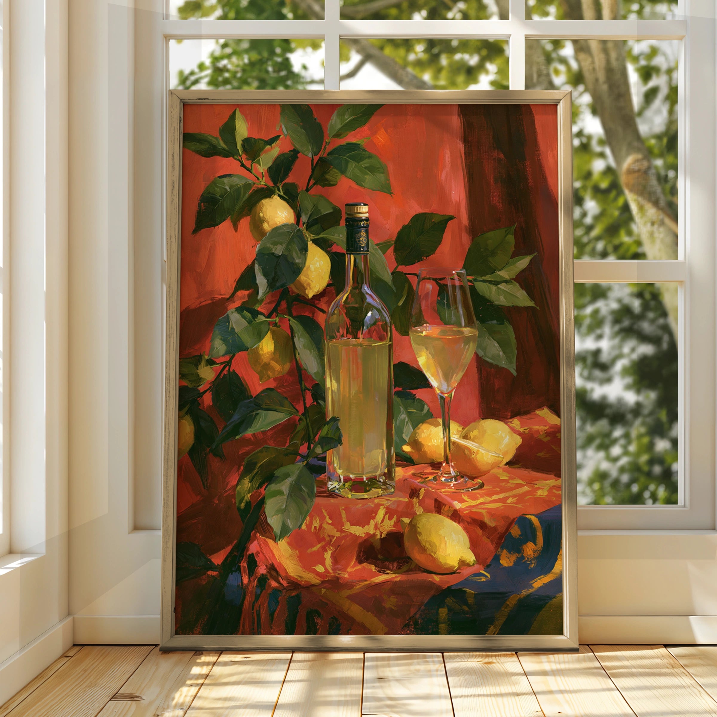 Limoncello Still Life Poster, Lemon Tree Red Table, Italian Oil Painting Style