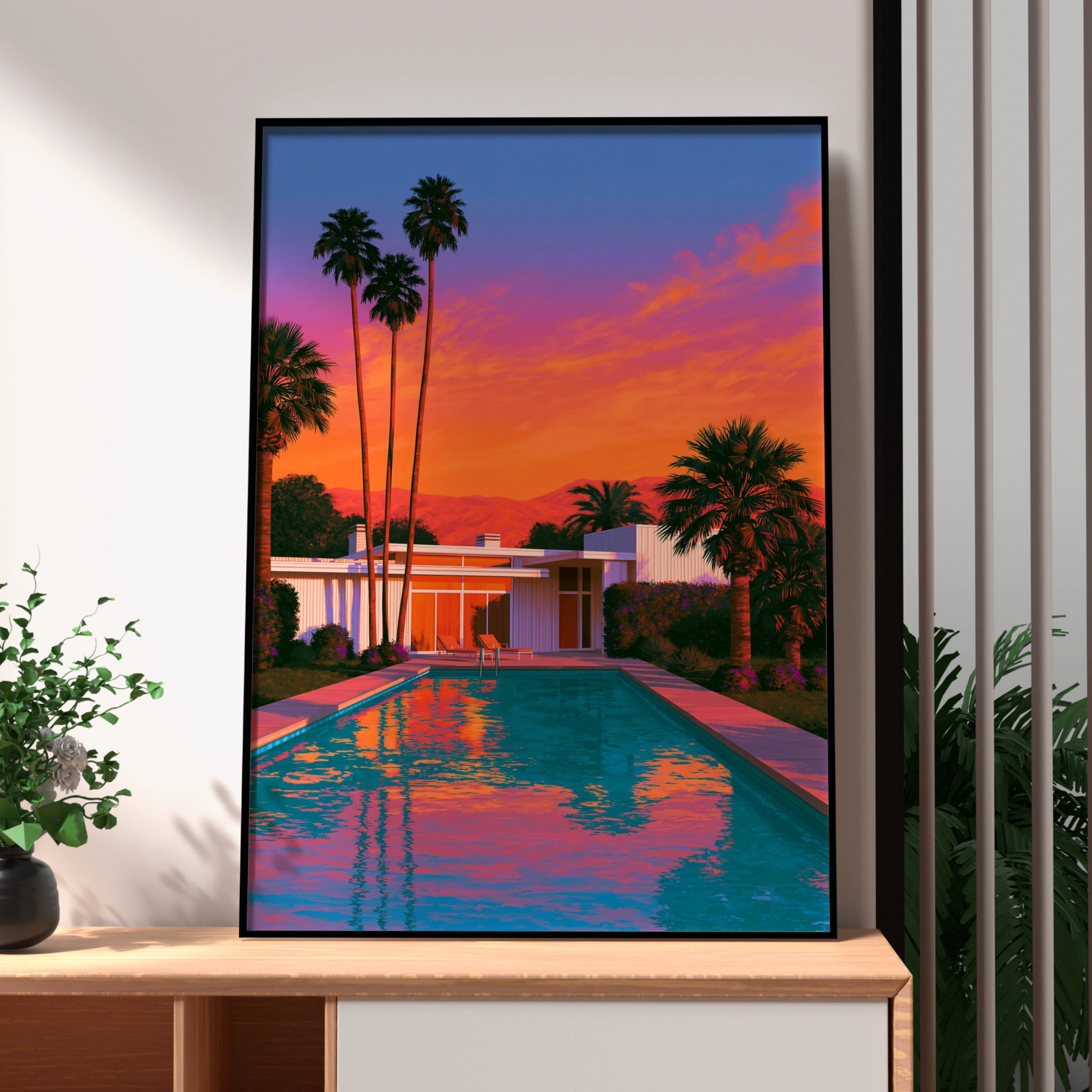 Desert Palm Springs Villa Pool Sunset Poster, Mid-Century Modern Art Print
