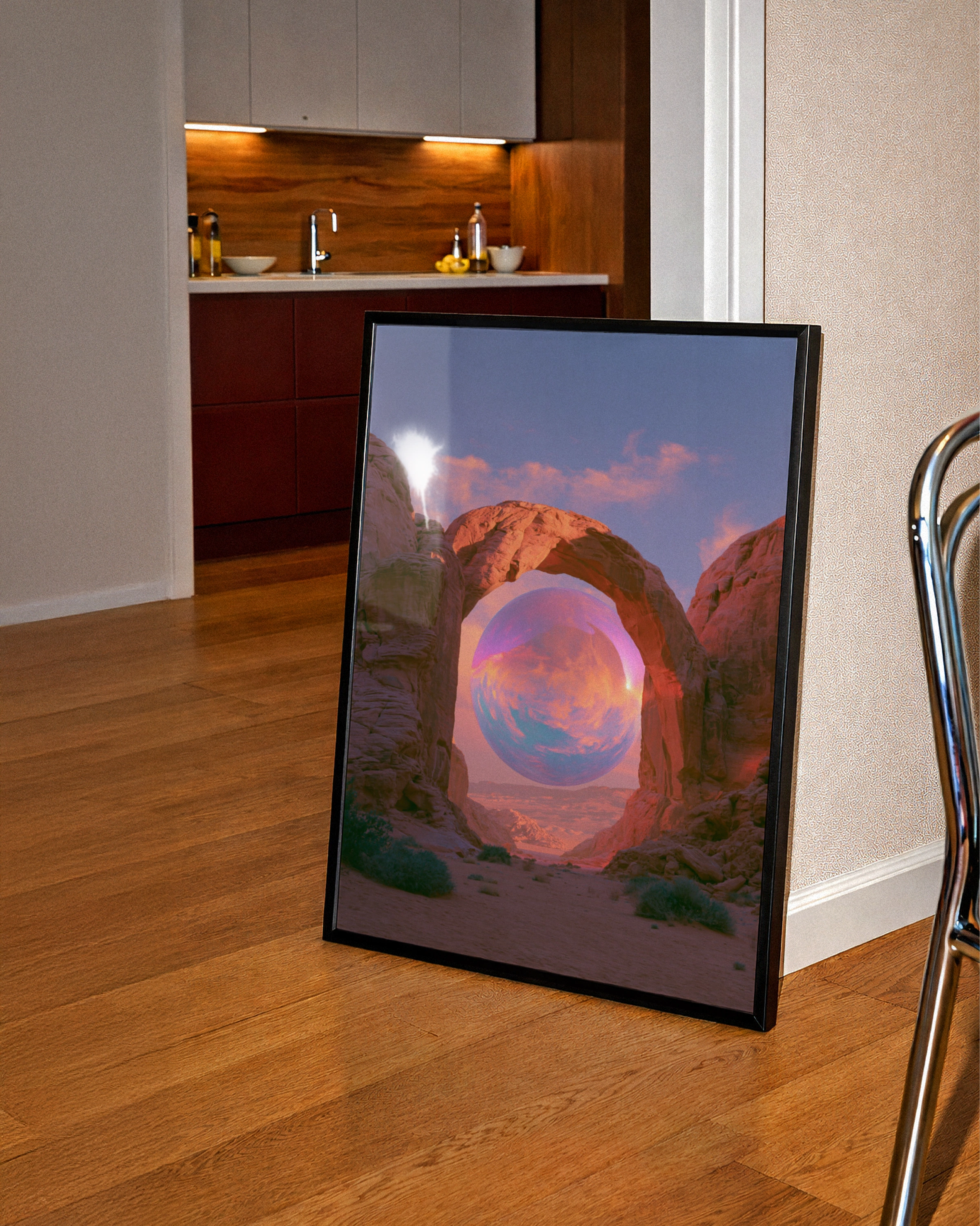 Desert Canyon Arch Surreal Sphere Poster, Iridescent Art Print, Dreamy