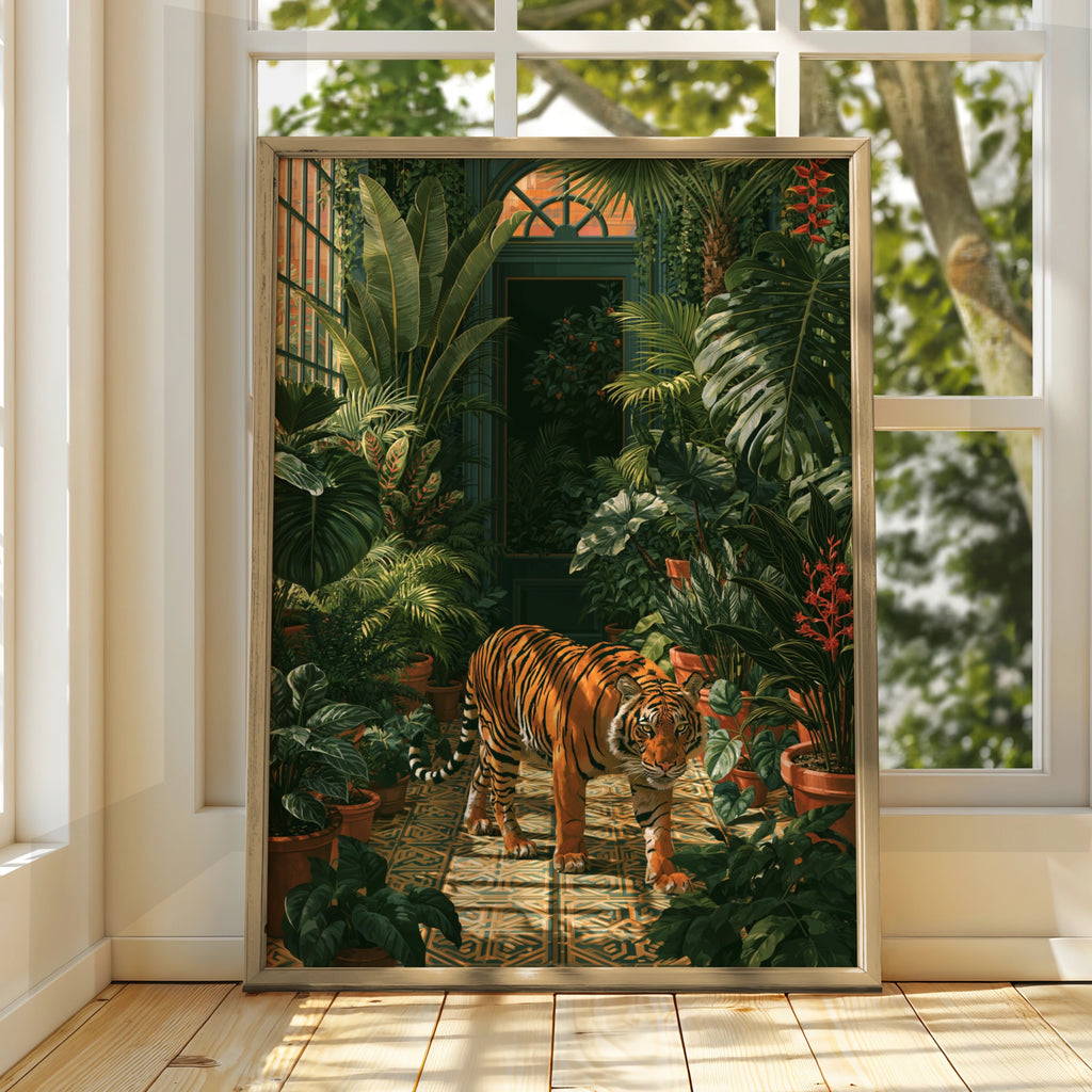 Tiger in Greenhouse Poster, Tropical Botanical Wall Art, Jungle Print