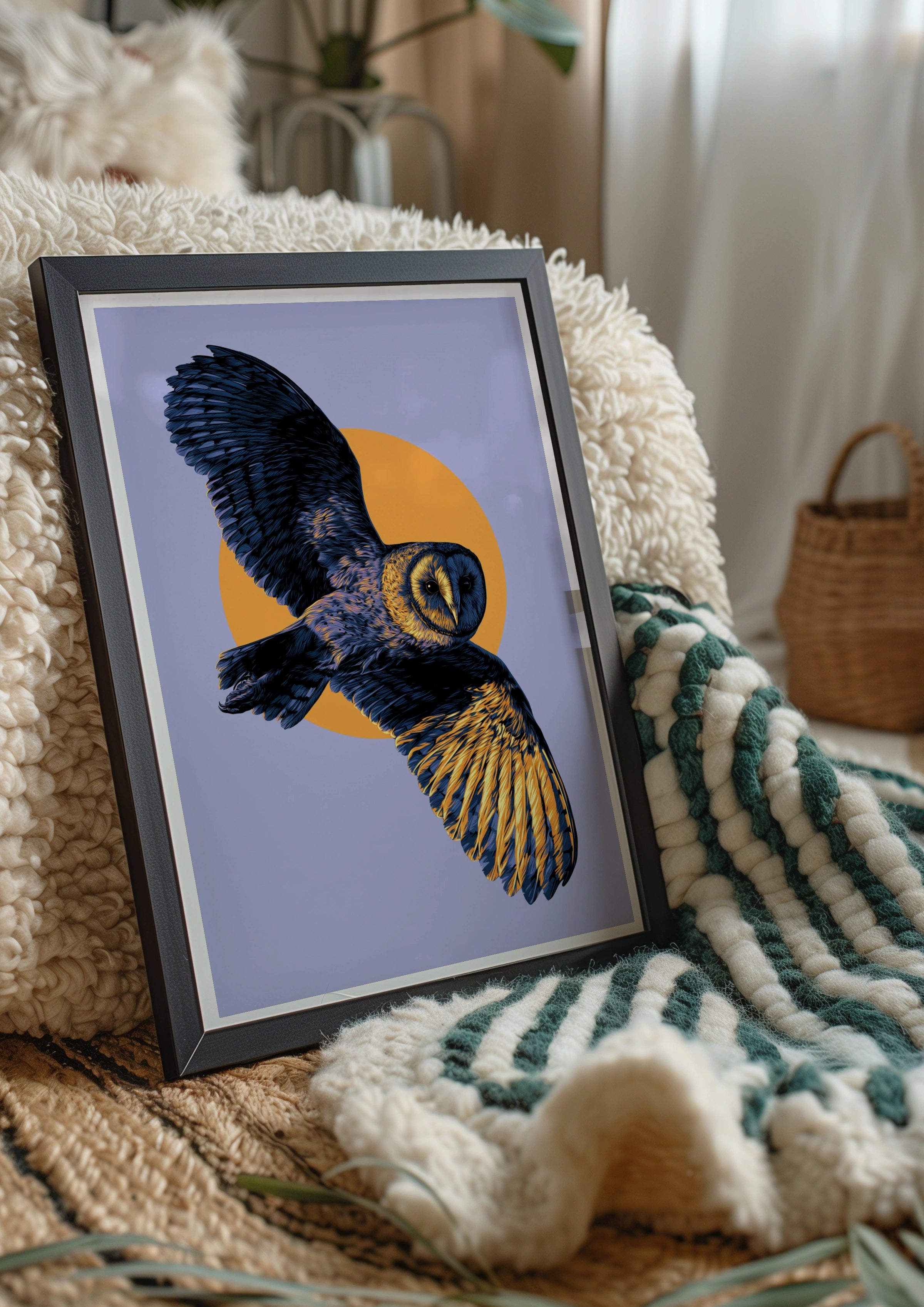 Barn Owl in Flight Poster, Yellow Purple Wildlife Wall Art Print