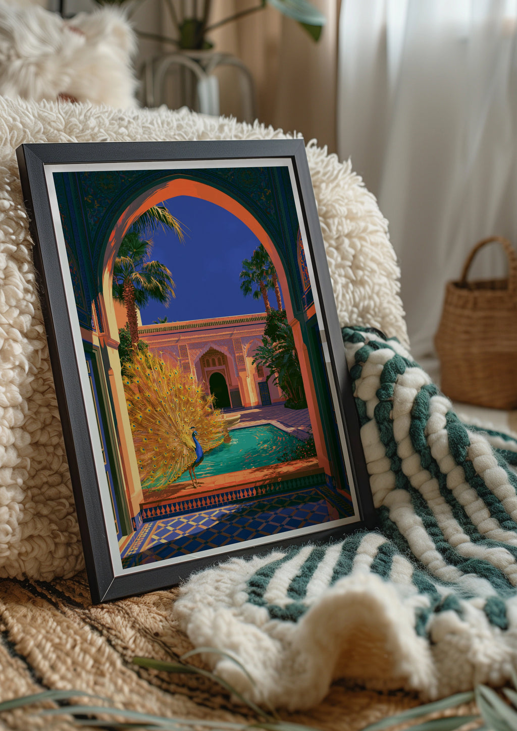 Peacock Moroccan Courtyard Poster, Marrakech Riad Pool Art Print, Vibrant