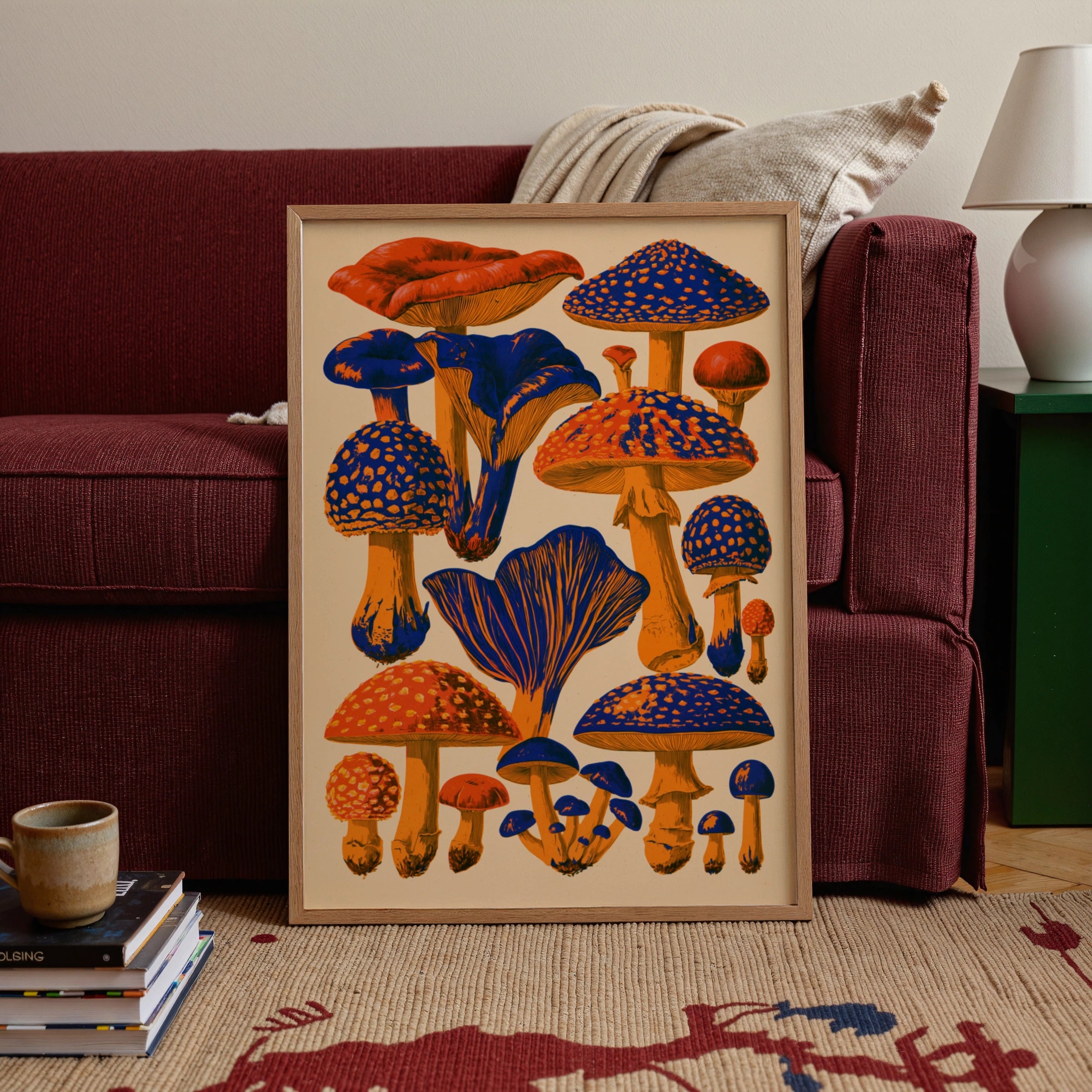 Mushroom Poster, Orange Blue Botanical Wall Art, Retro Fungi Print